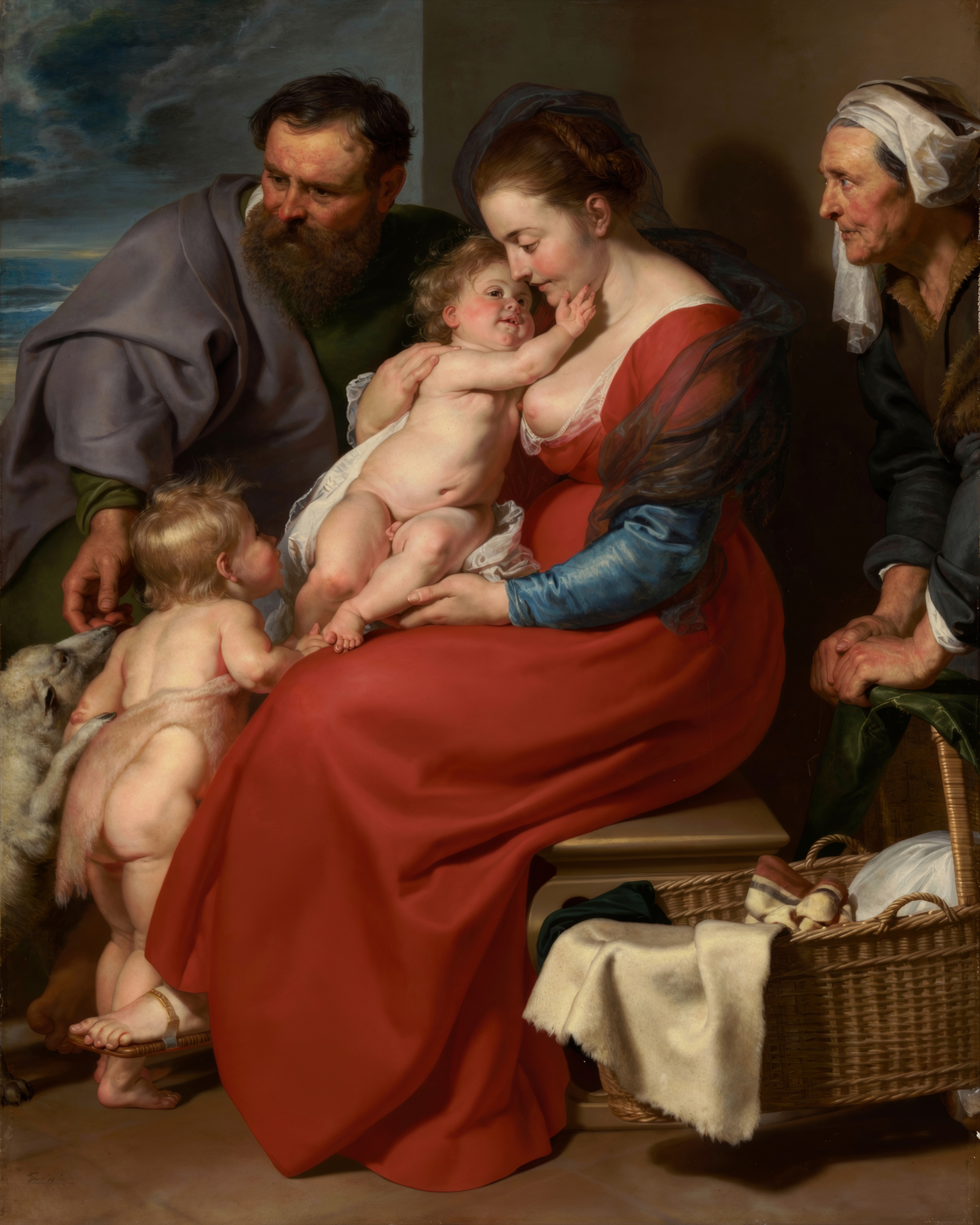 Mary, Joseph, Elizabeth and the young John the Baptist gather around the Christ child.