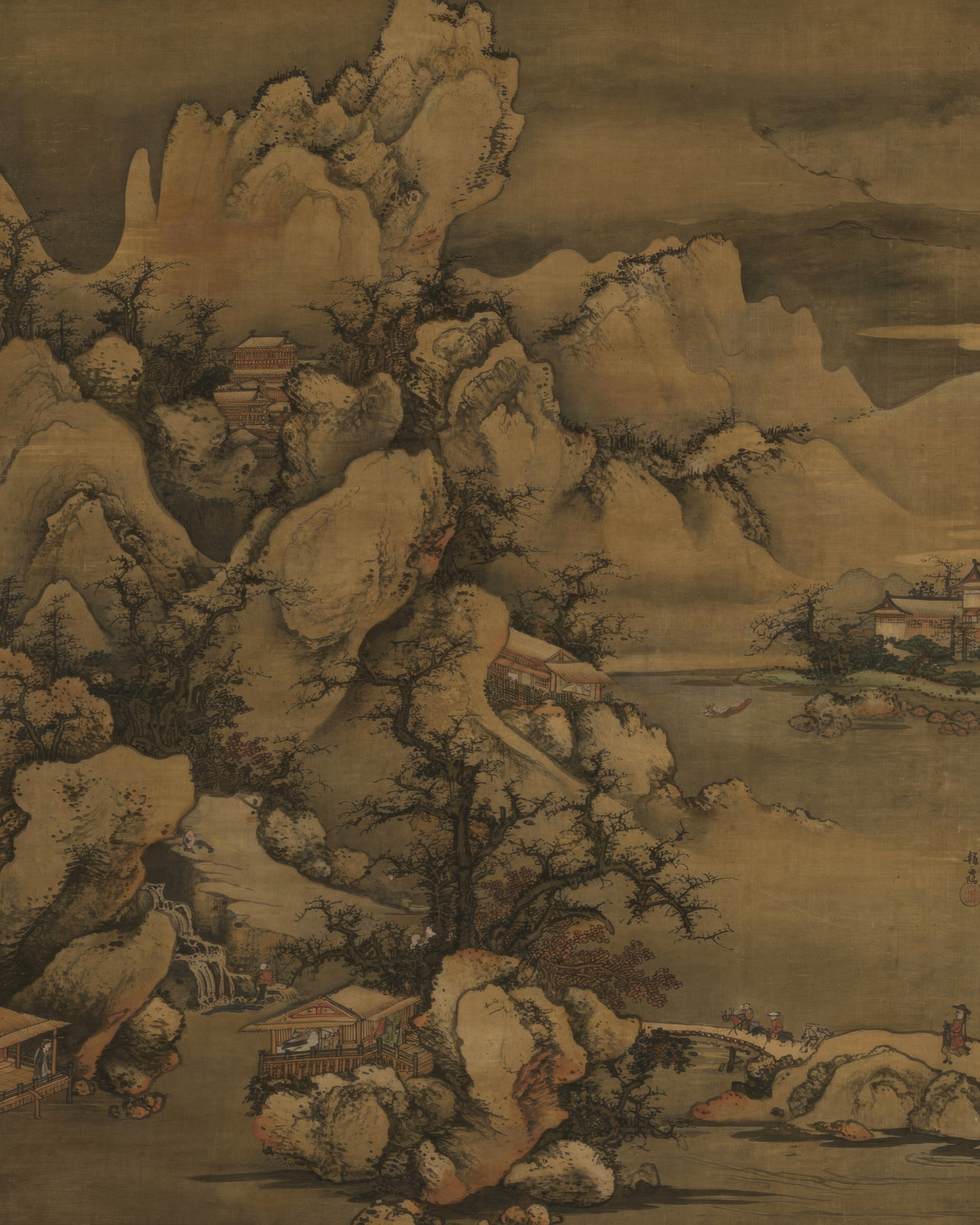 A hanging scroll in ink on silk: a traveller on a donkey crosses a bridge beneath tall snowy mountains.
