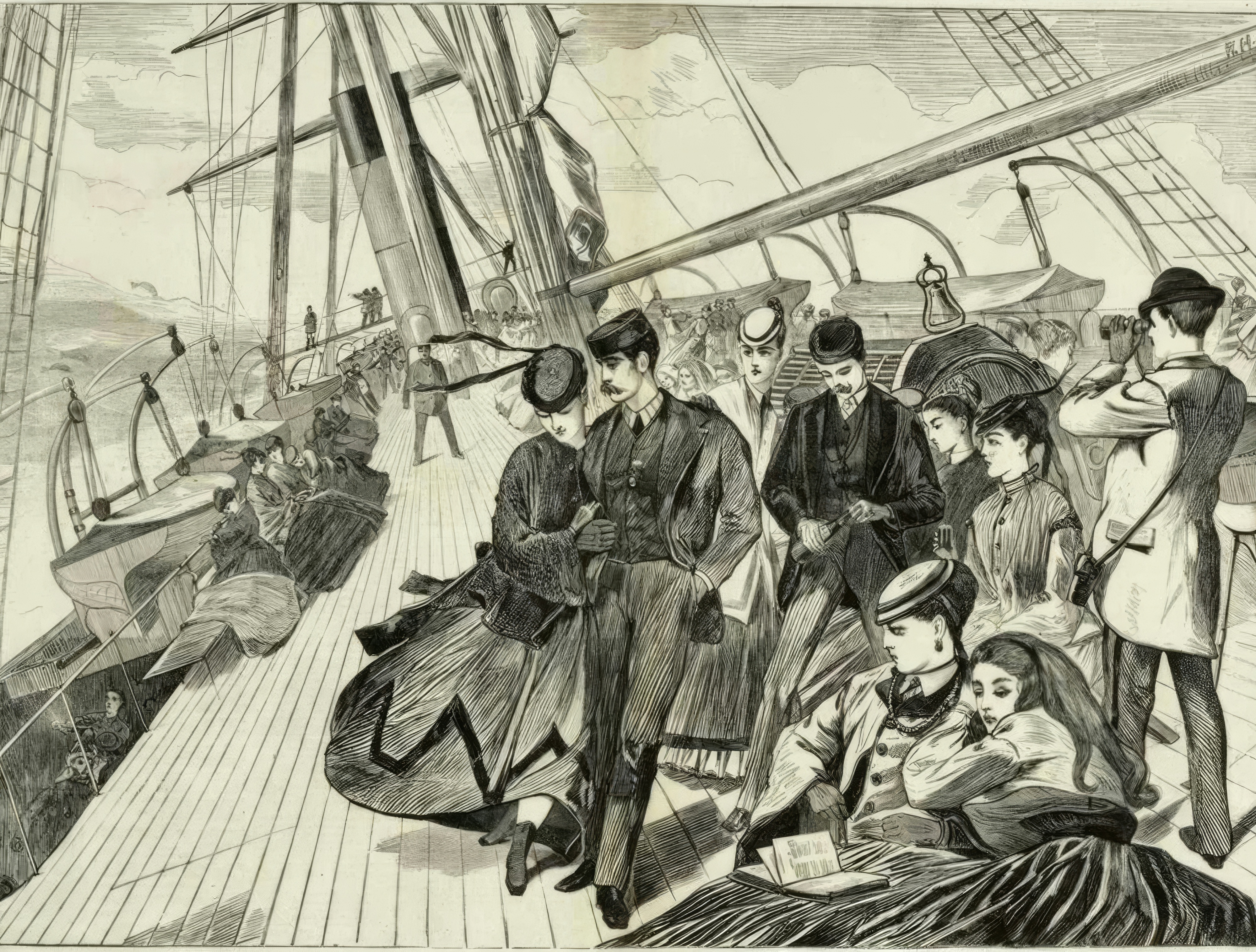 Passengers stand on the deck of a ship at sea under a wide sky, wrapped against the wind.