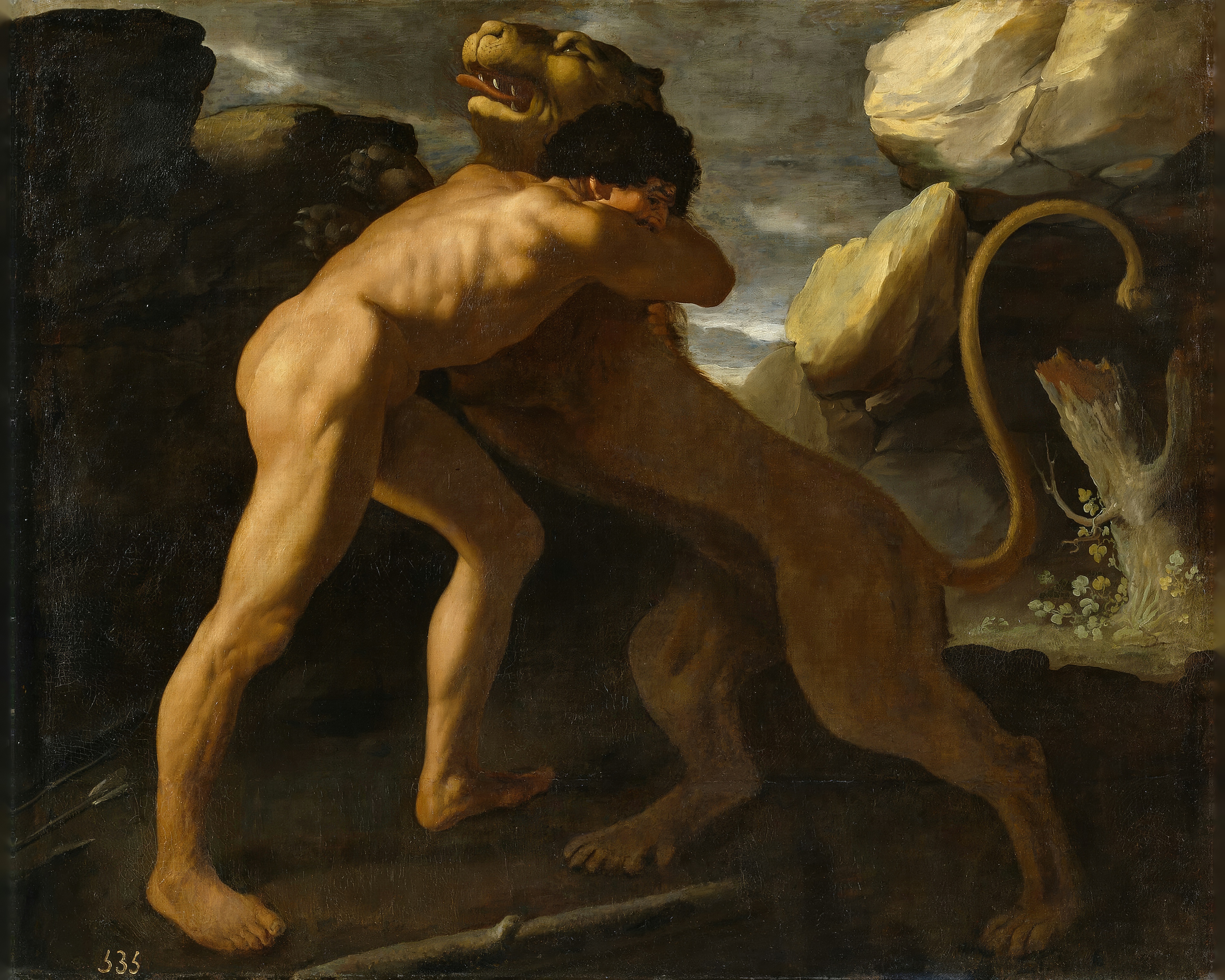 Hercules wrestles the Nemean lion in a dark landscape.