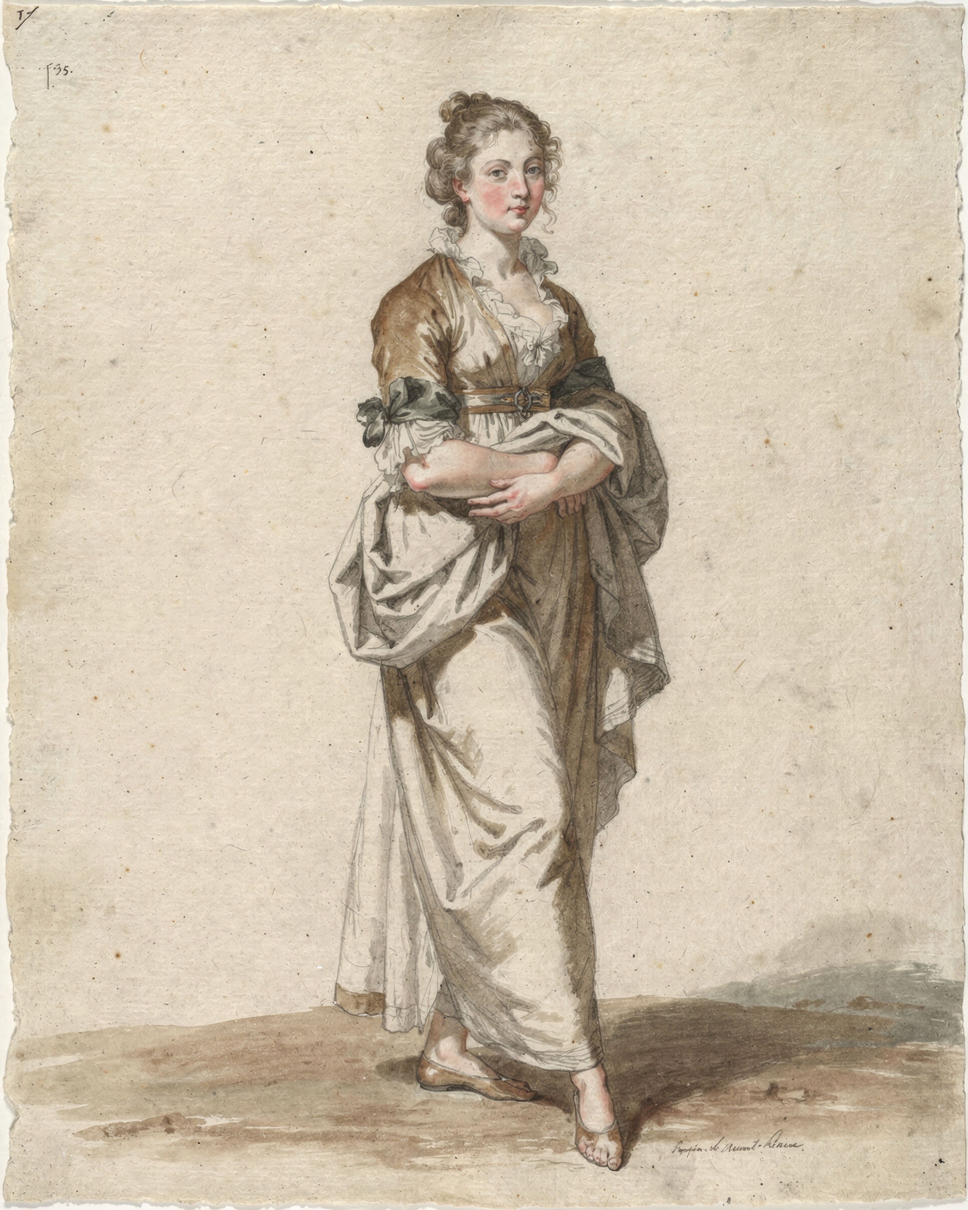 A young woman in an eighteenth century gown with lace cuffs stands in three quarter view.