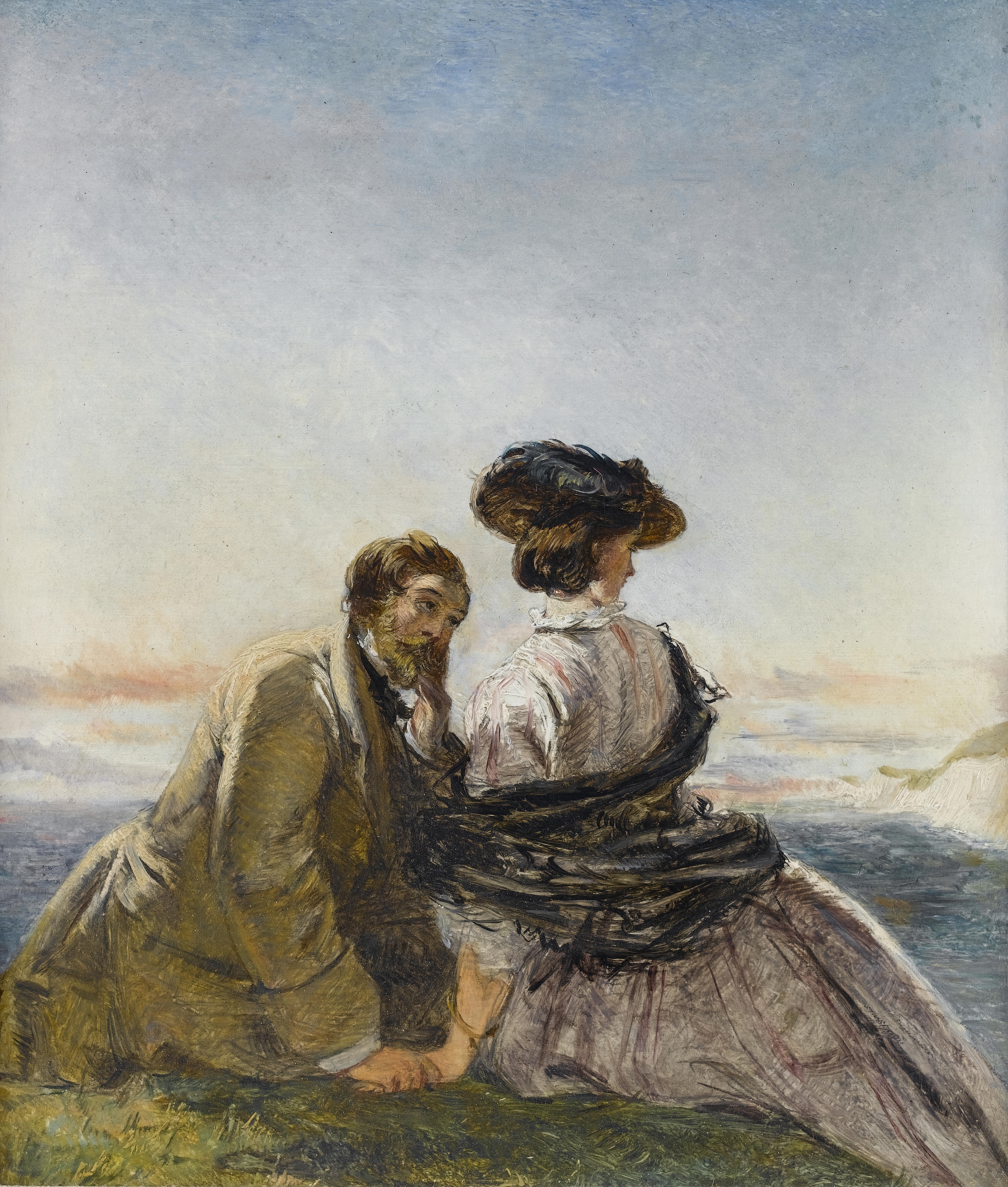 A man and a woman in a grey striped dress and dark shawl sitting close together on the shore looking out to sea; painted by William Powell Frith.