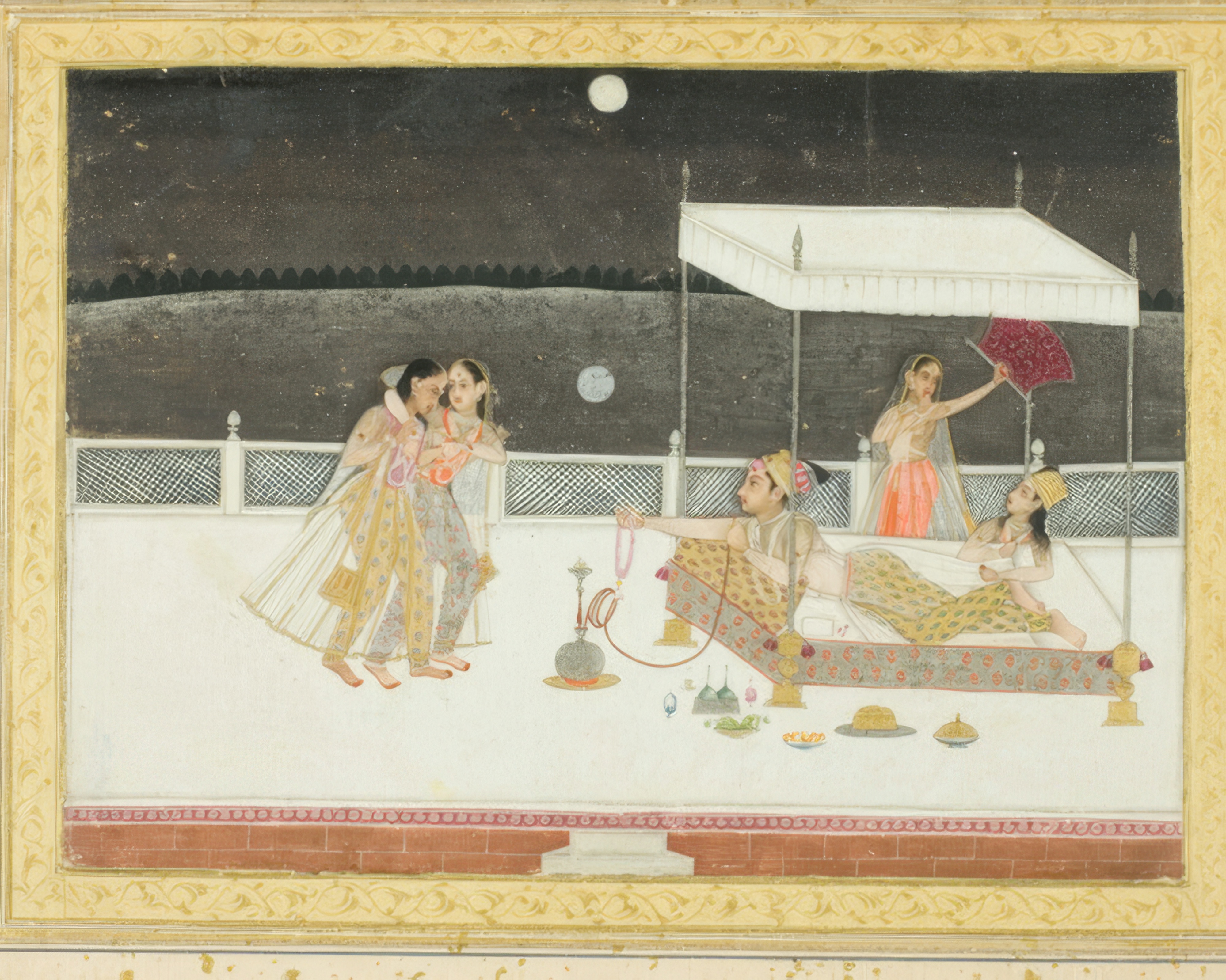 Two lovers sit on a white marble terrace under a full moon, painted in gold and watercolour.