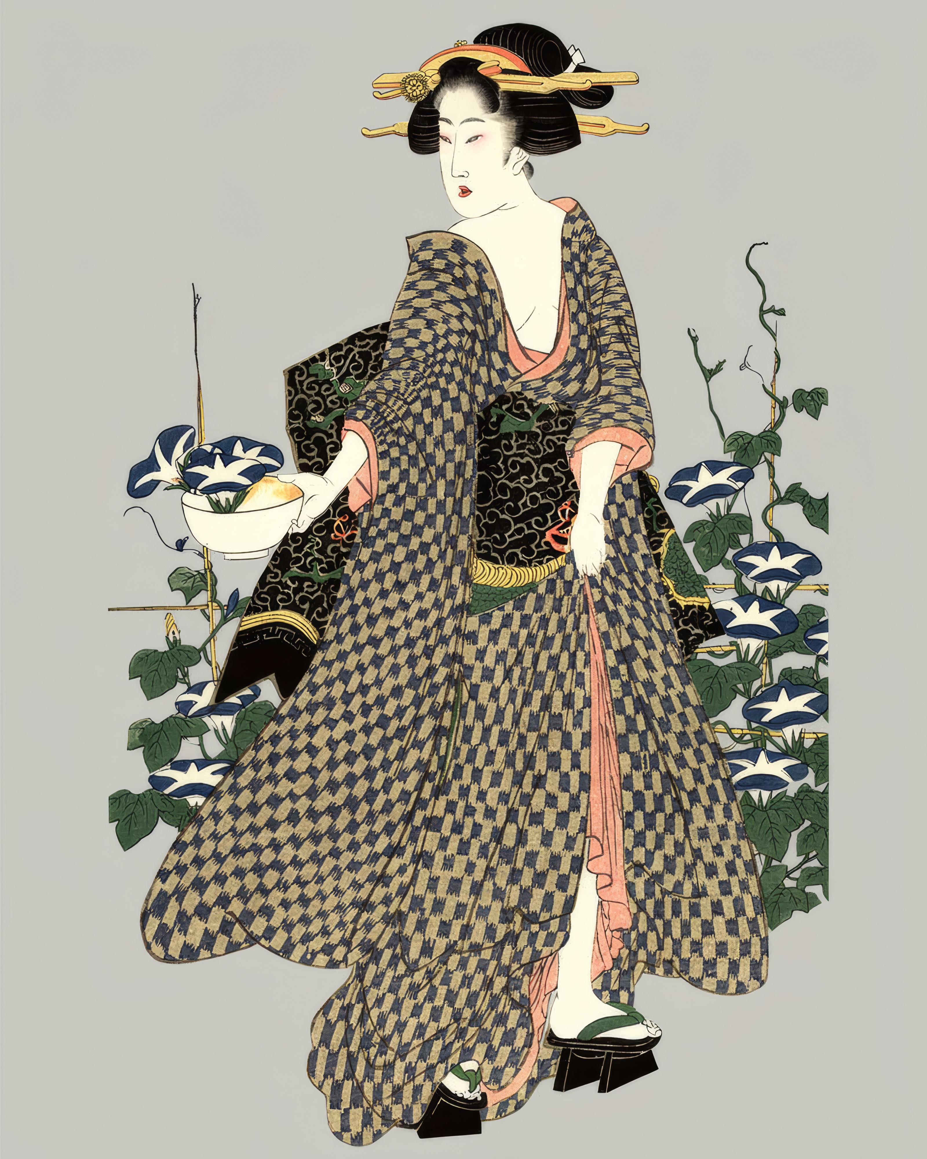 A beautifully dressed woman stands beside a trellis of morning glories.