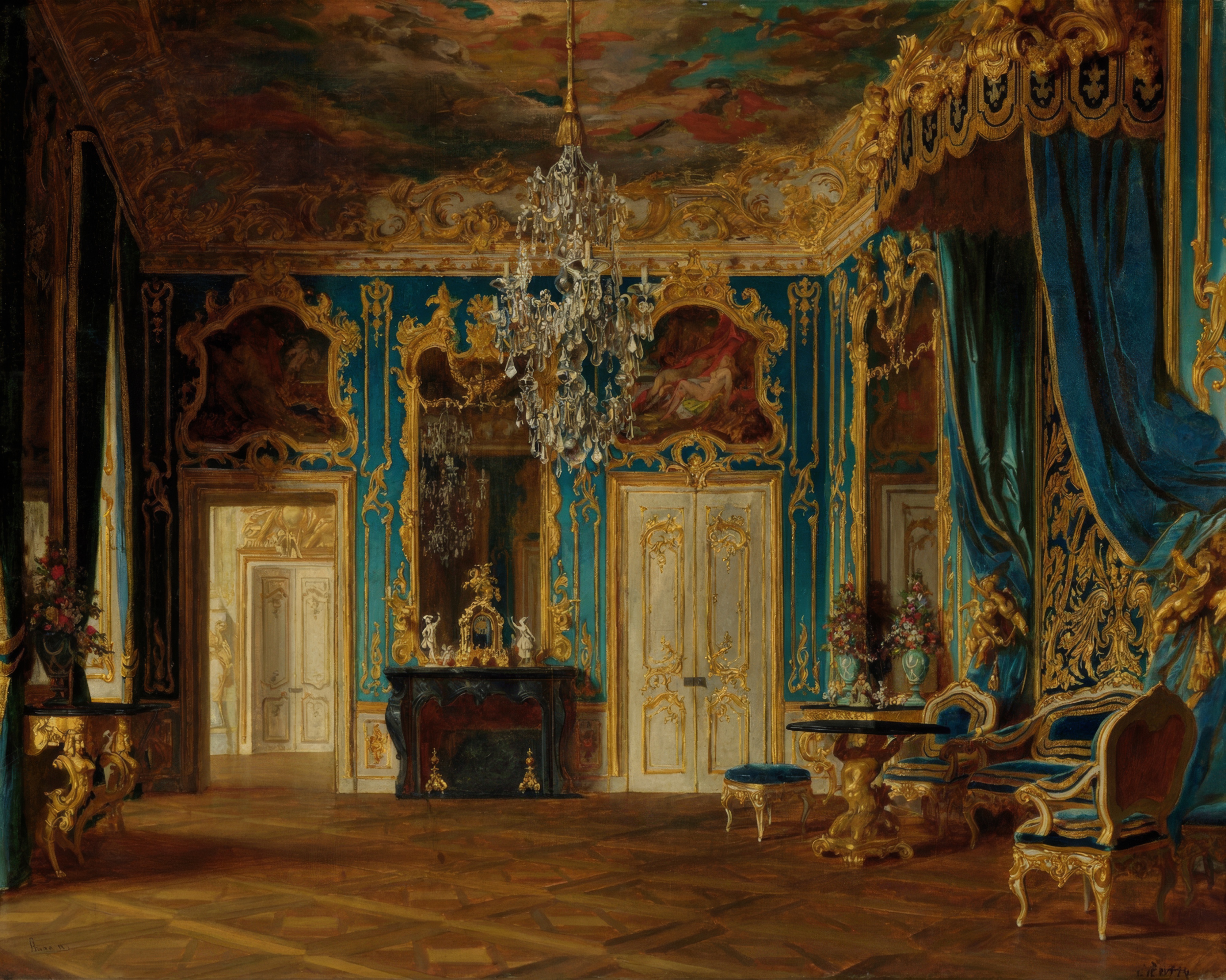 A design for a sunlit royal study with a carved desk laden with books and papers.