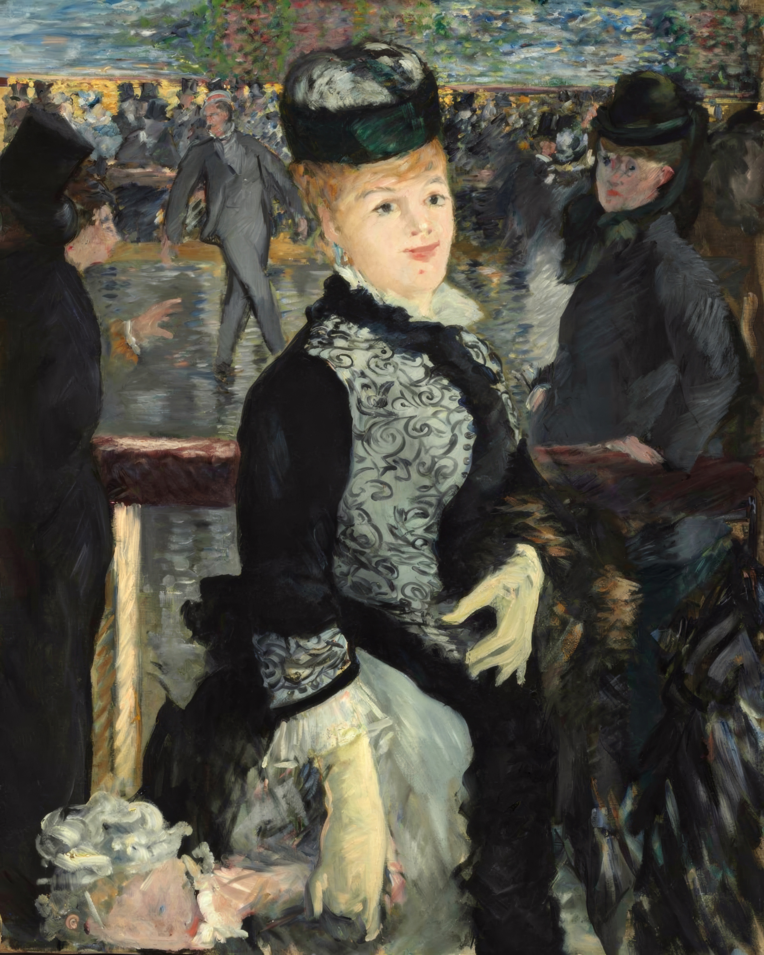 A fashionably dressed woman in black with a hat glides past on a crowded Paris ice rink.