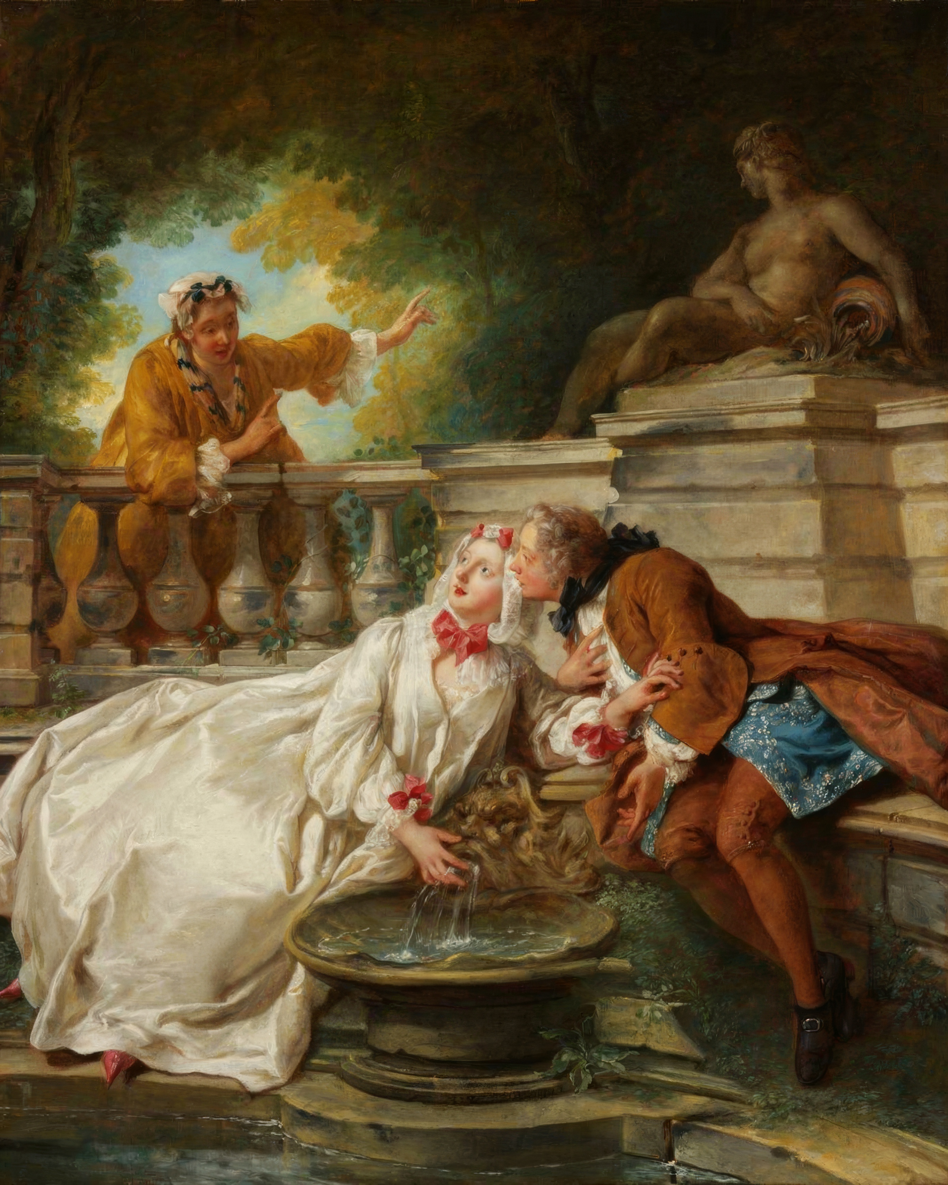 In a gilded interior, a sleeping young woman is woken by a suitor while a maid warns of someone coming.