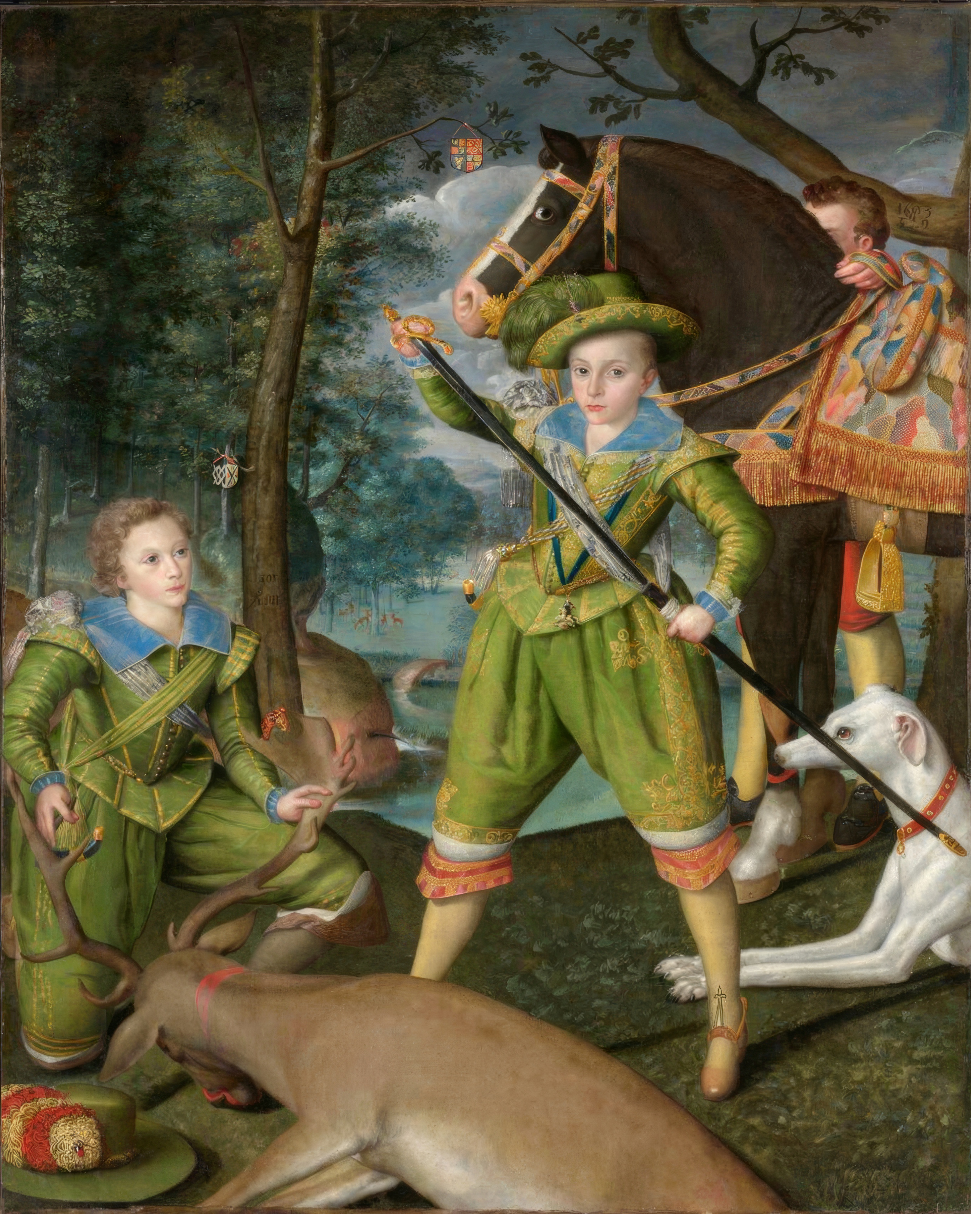 Henry, Prince of Wales, and Sir John Harington stand in a green clearing after a hunt.