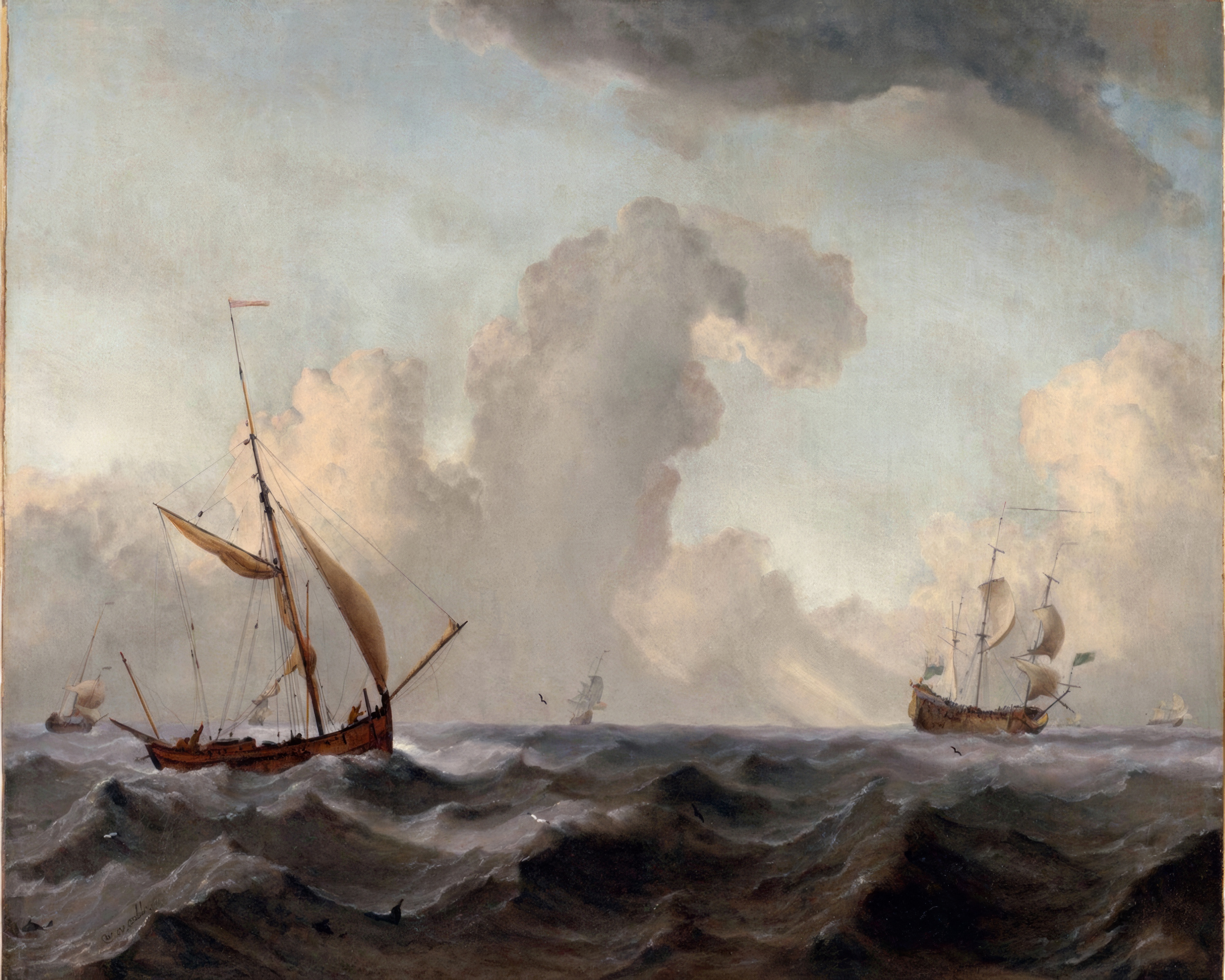 An English galliot runs before a strong wind on a grey, churning sea.
