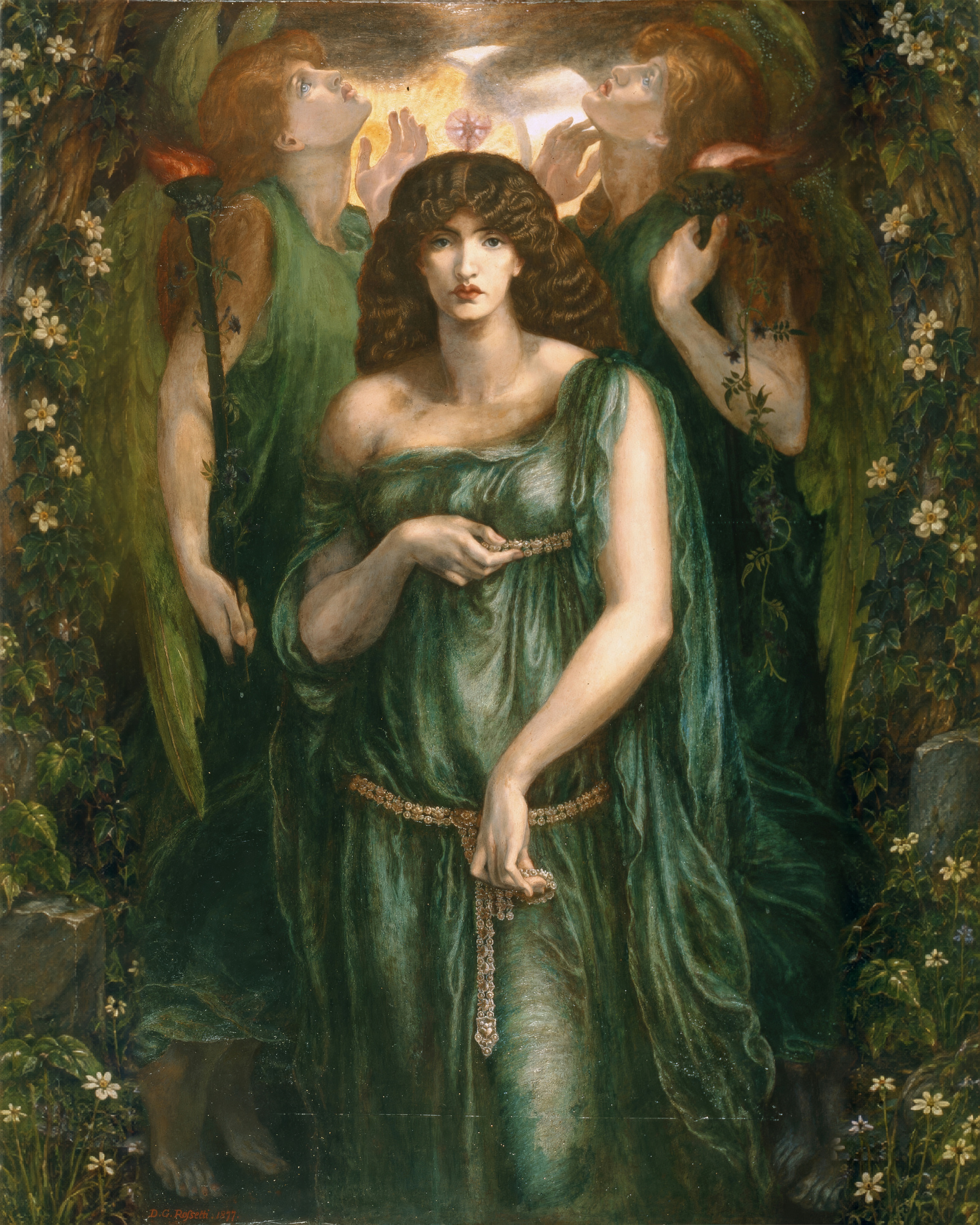 A tall goddess in green robes stands with two torch-bearing attendants against a dark sky with the moon.