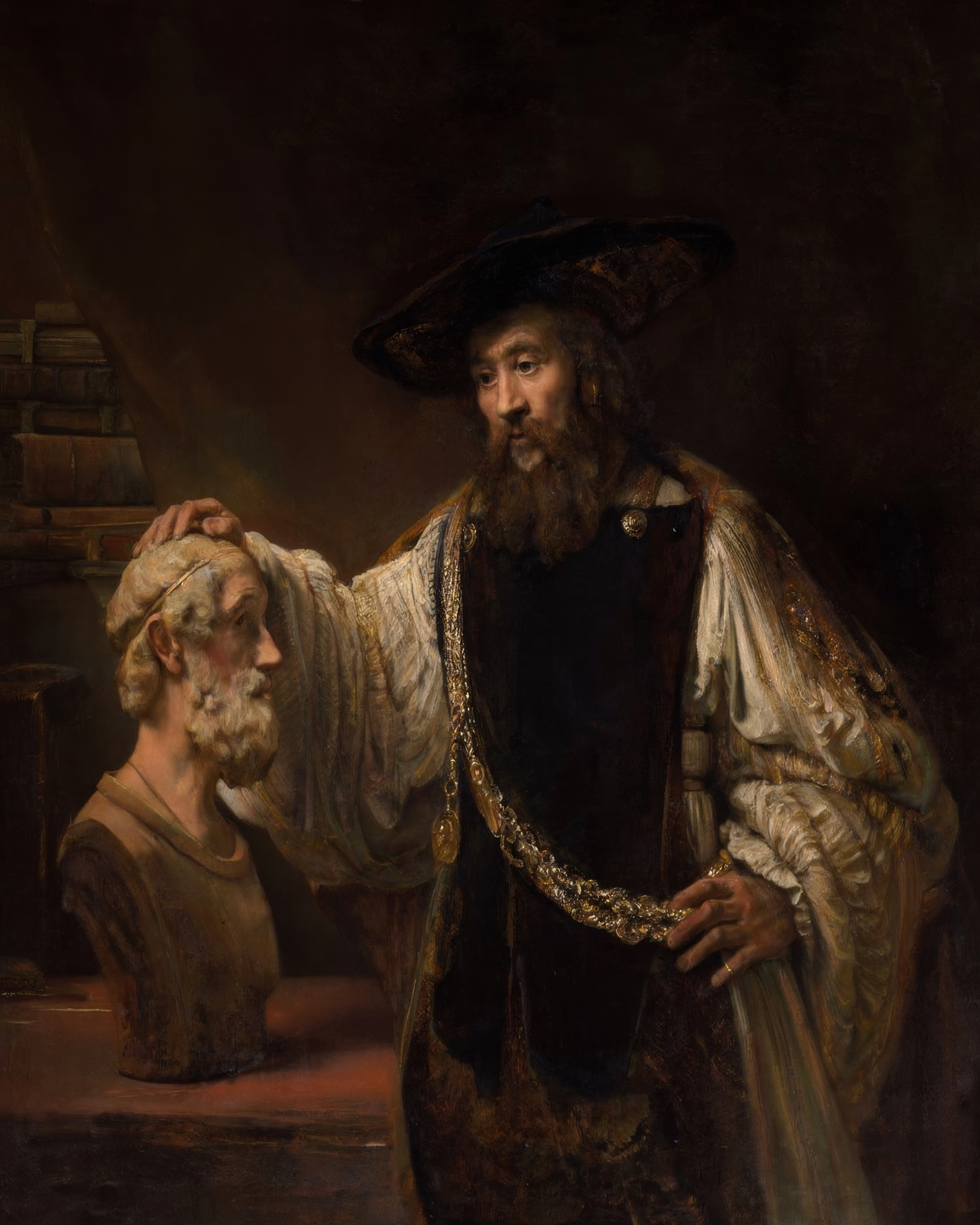 Aristotle in a black hat and gold chain rests his hand on a marble bust of Homer, lost in thought.