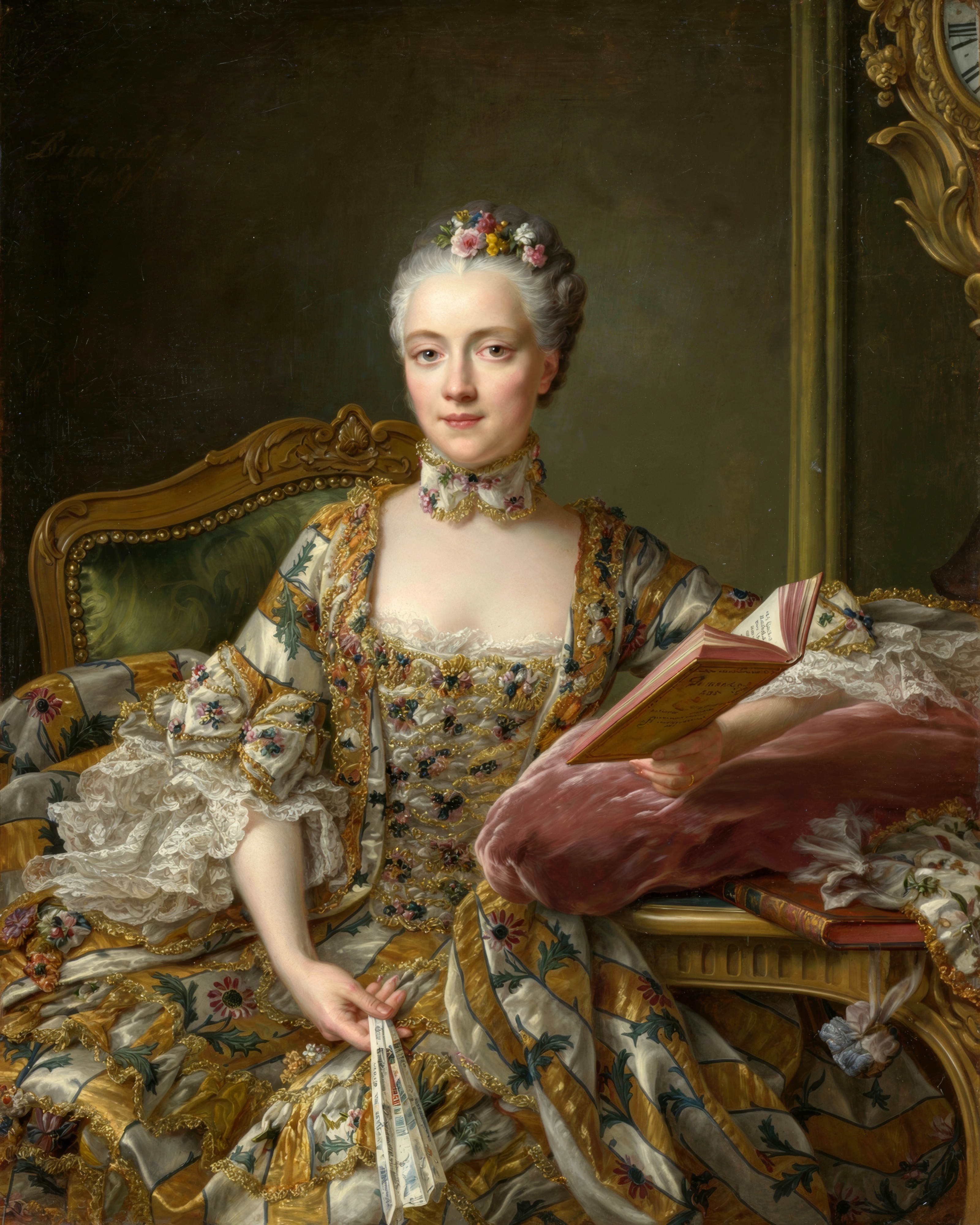 The Marquise d’Aguirandes in silk and lace, with a single rose in her powdered hair.
