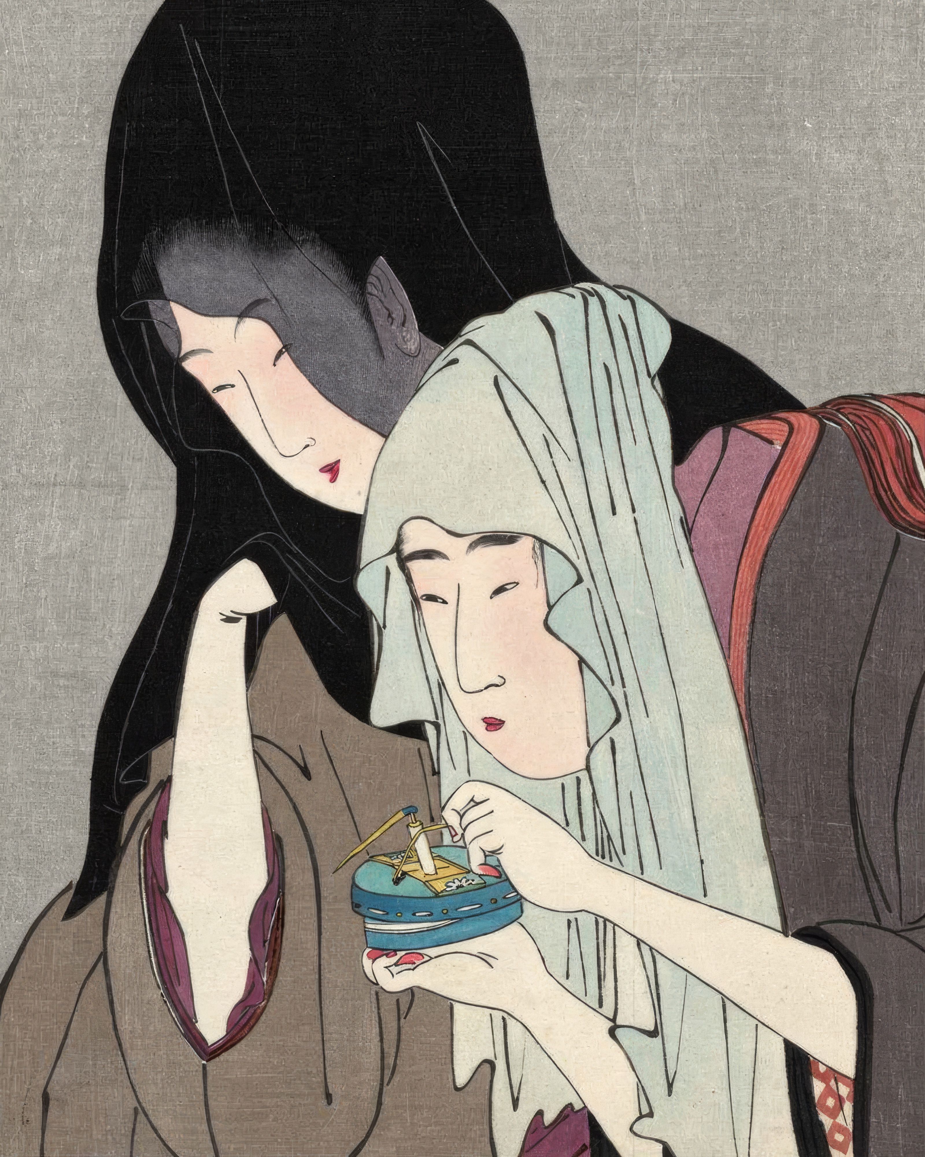 Two lovers lean close together, their faces almost touching, in a Japanese woodblock print.