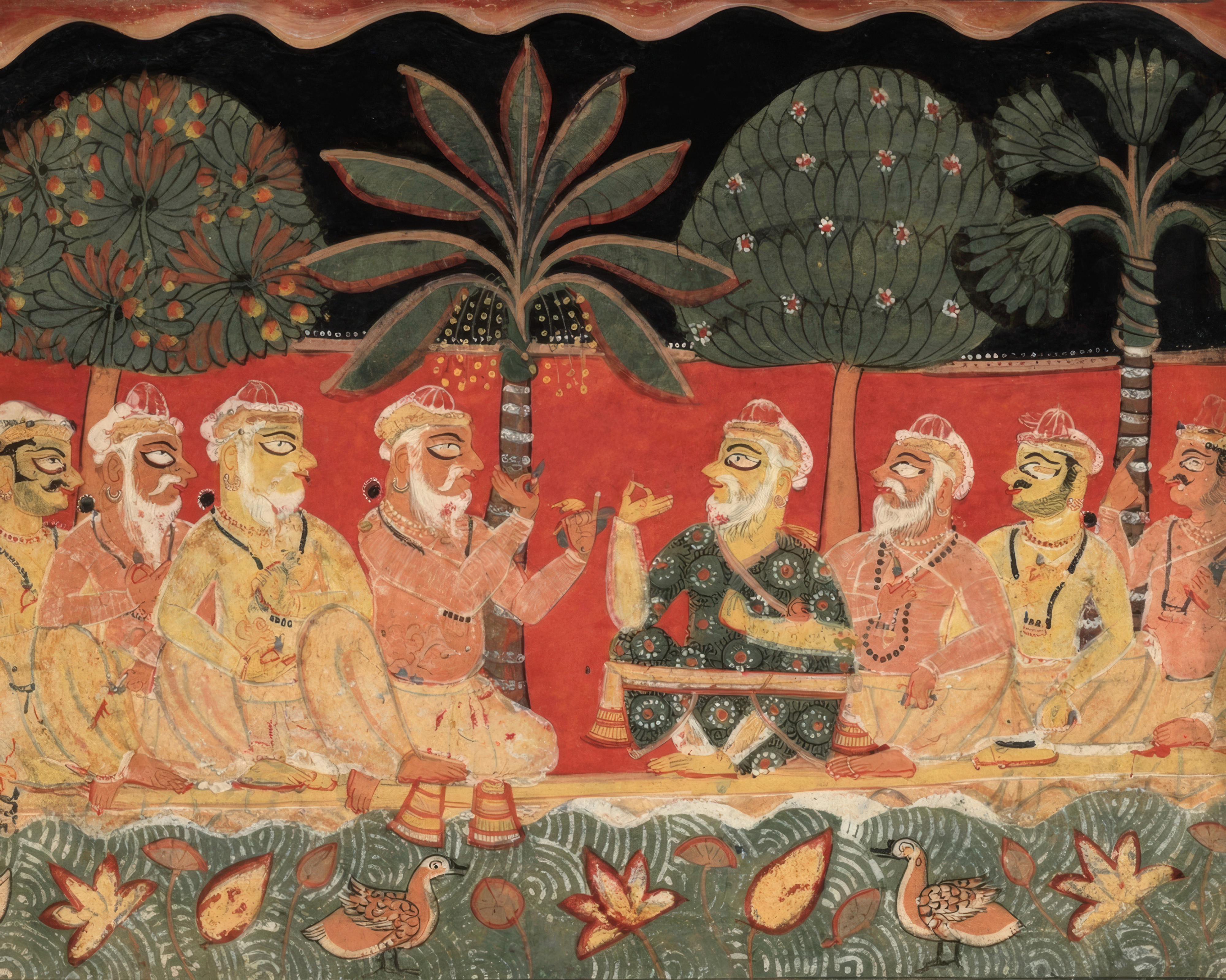 Nanda and the village elders sit in council against flat fields of red and yellow.