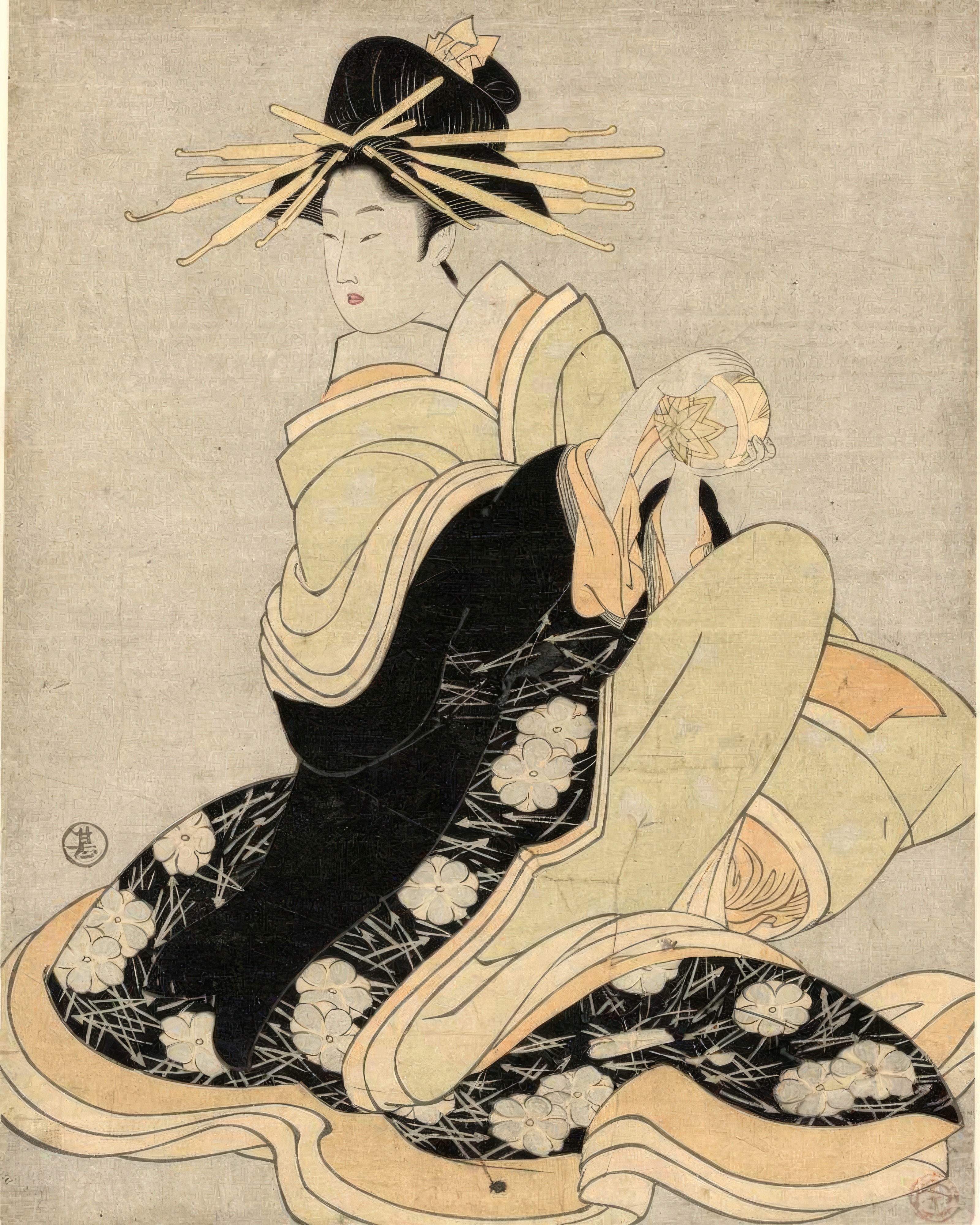 The courtesan Karauta holds a fan against a plain, pale ground.