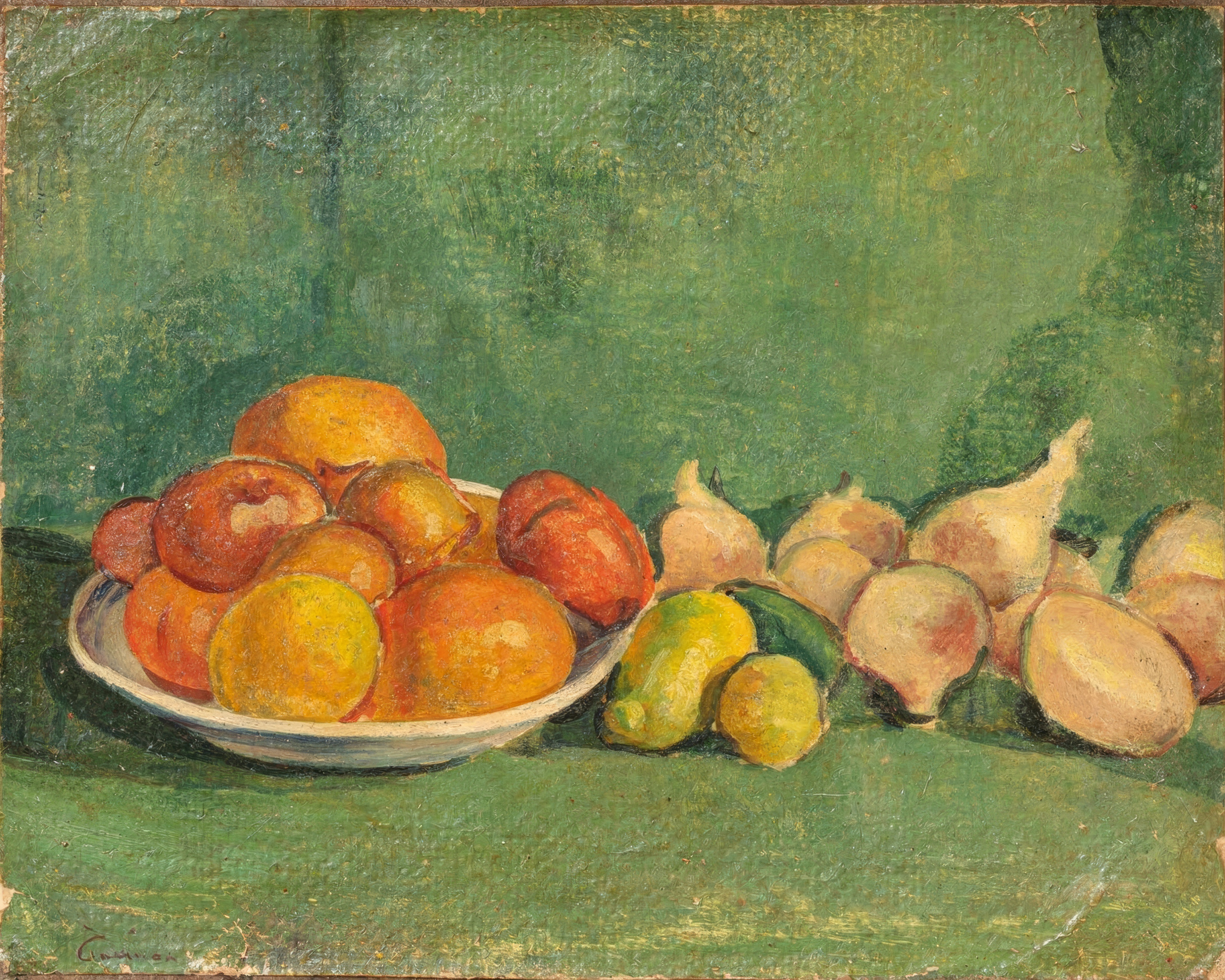 An earthenware bowl of autumn fruit beside a jug, drawn in bold outlines and flat colour.