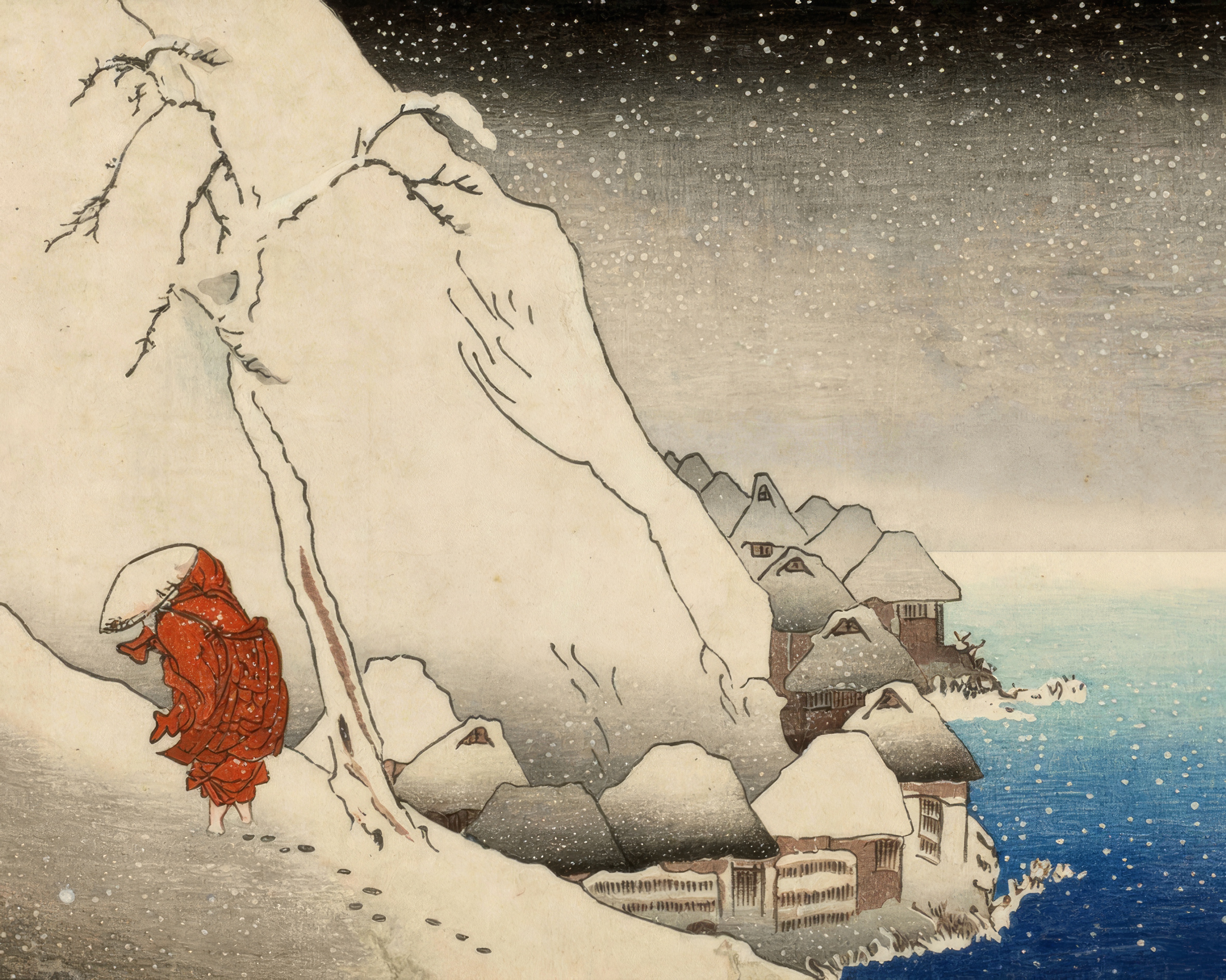 A lone monk climbs a snowy slope in a howling storm, with snow swirling across a blue sky.