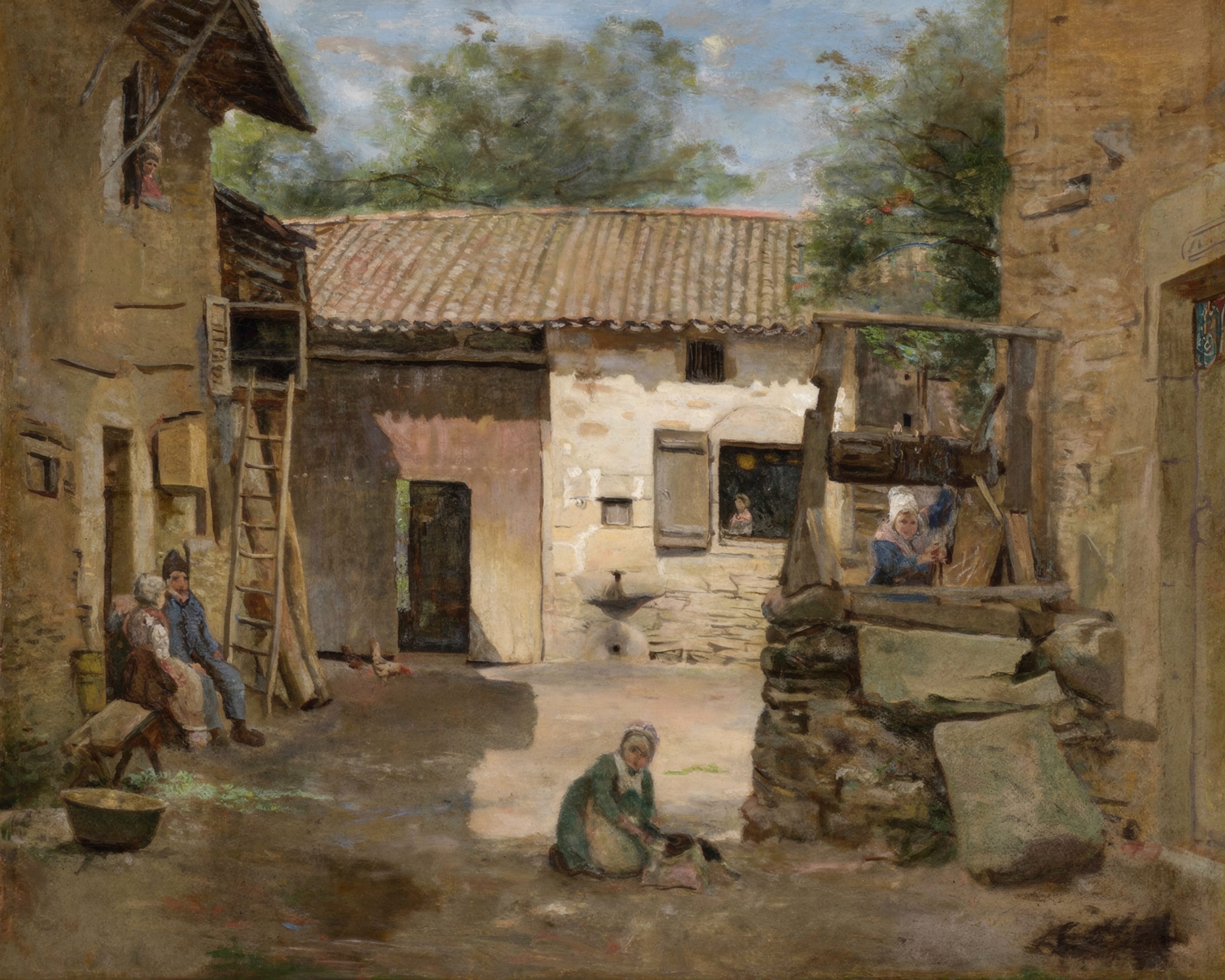 A woman sits in a leafy farm courtyard with laundry on a line and chickens on the ground.