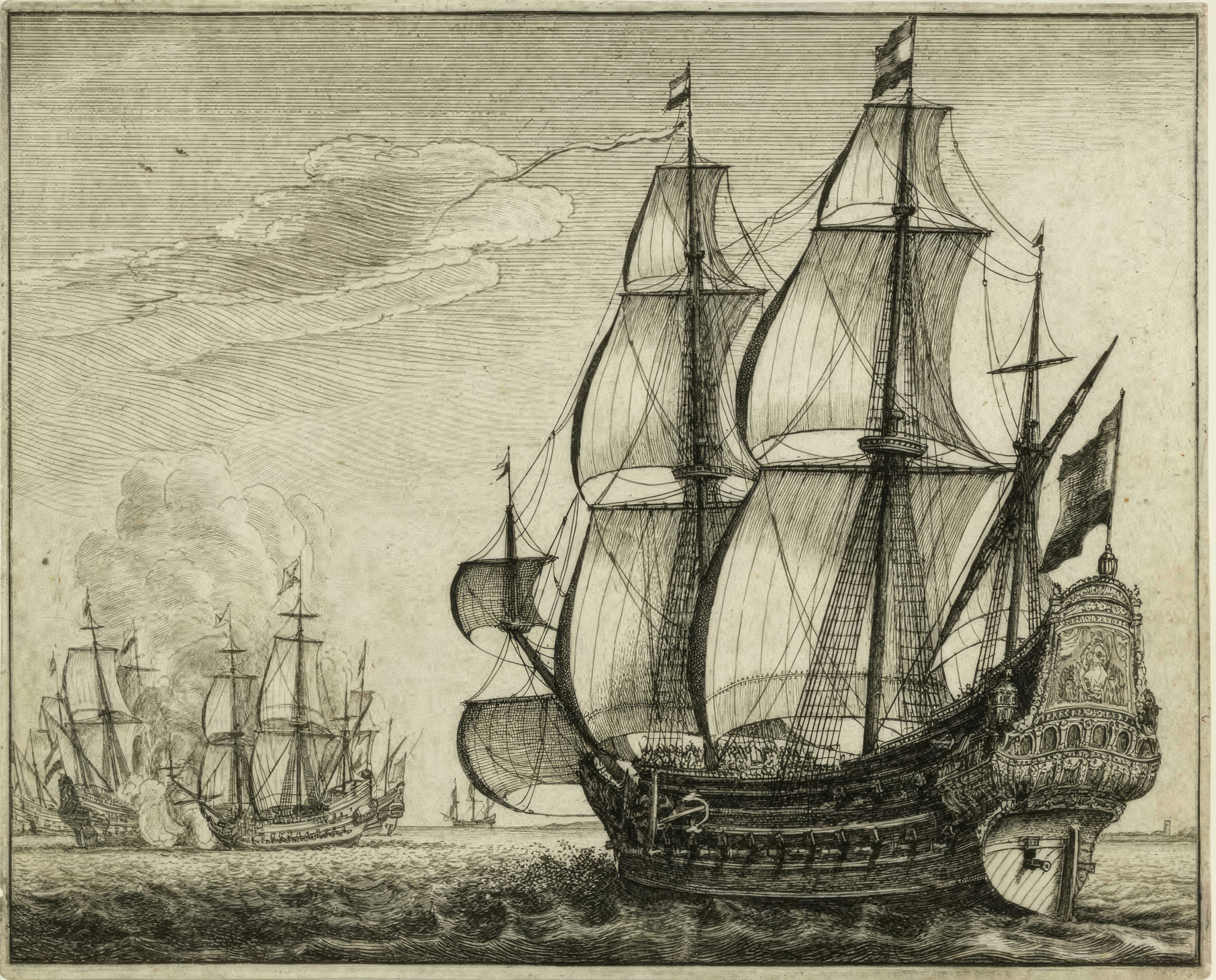 A fleet of Dutch warships lies at anchor in calm water.