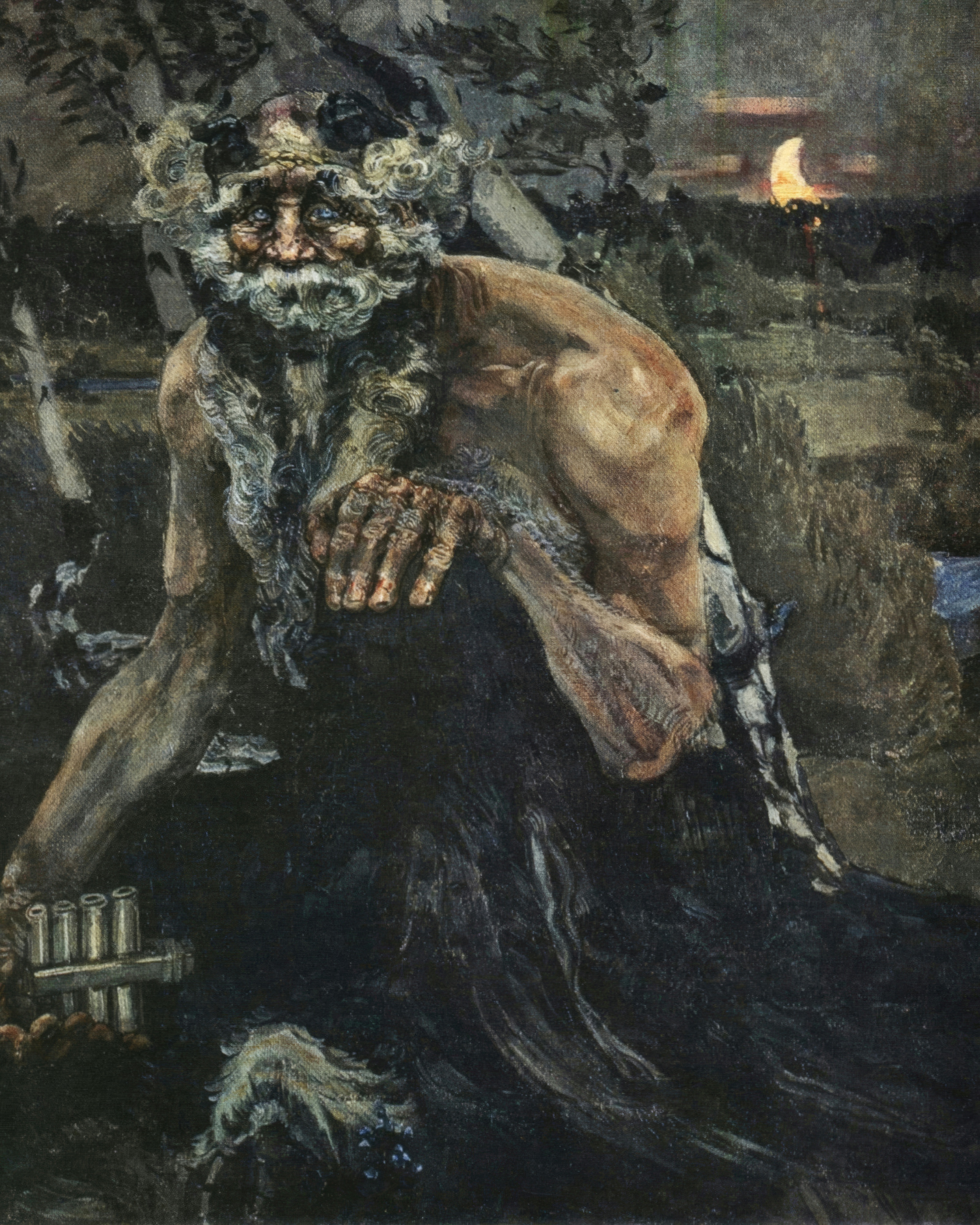 The god Pan, an old man with horns and glowing blue eyes, emerges from a twilight forest with a thin crescent moon.