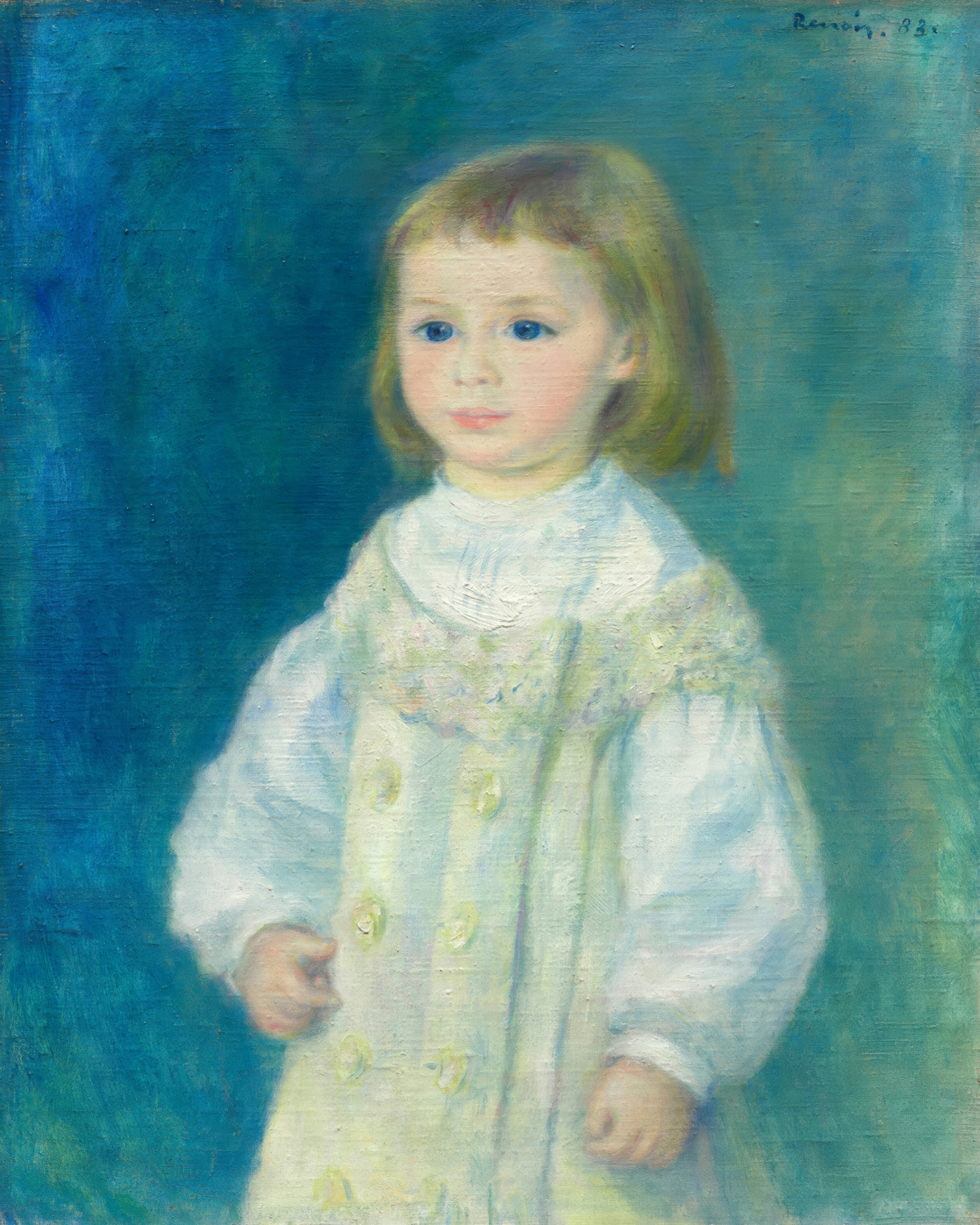 Little Lucie Bérard in a white dress, against a deep green background.