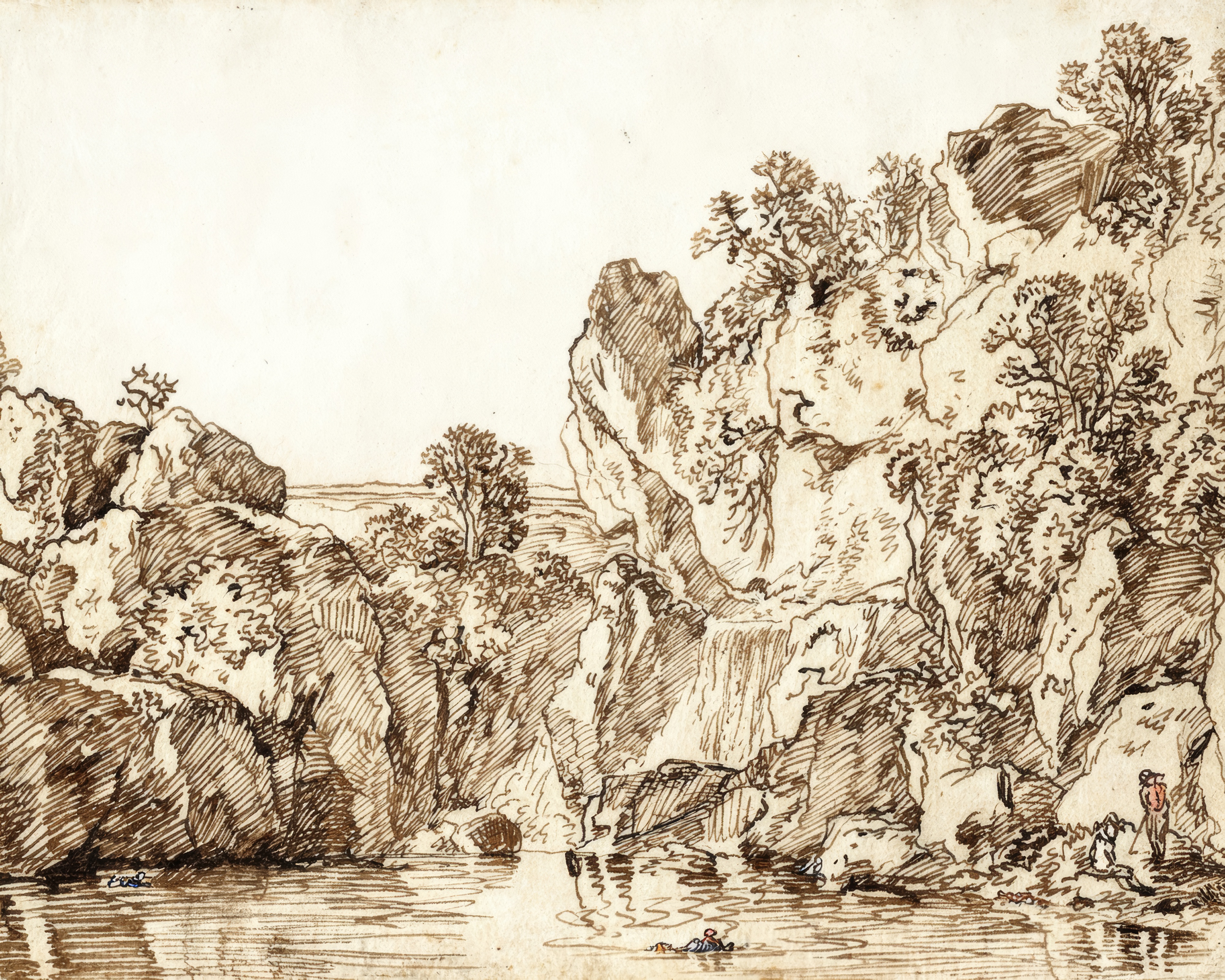 A quiet lake among sunlit rocky hills, drawn in brown ink.