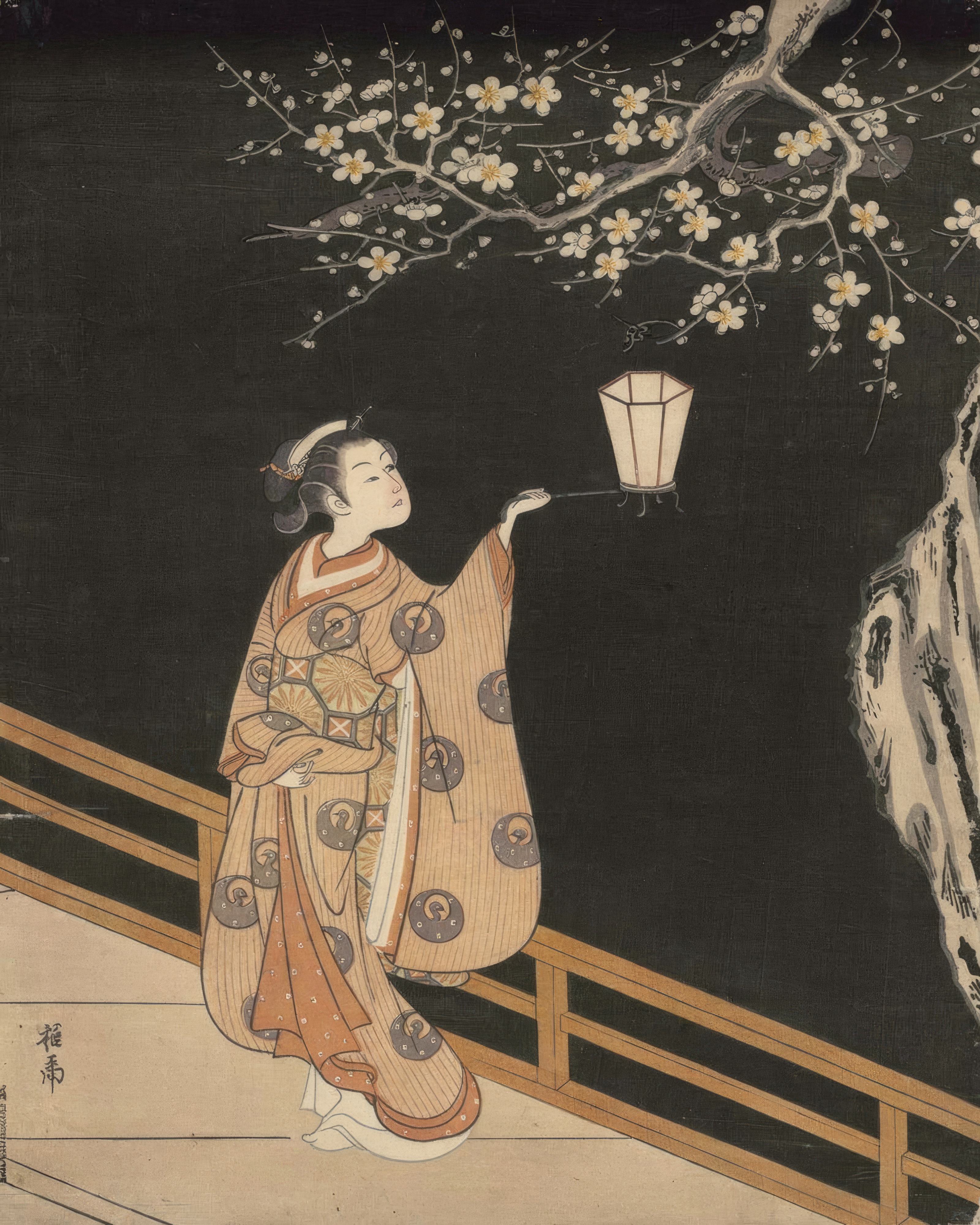 A woman on a veranda gazes at plum blossoms at night while a young attendant holds a lantern.