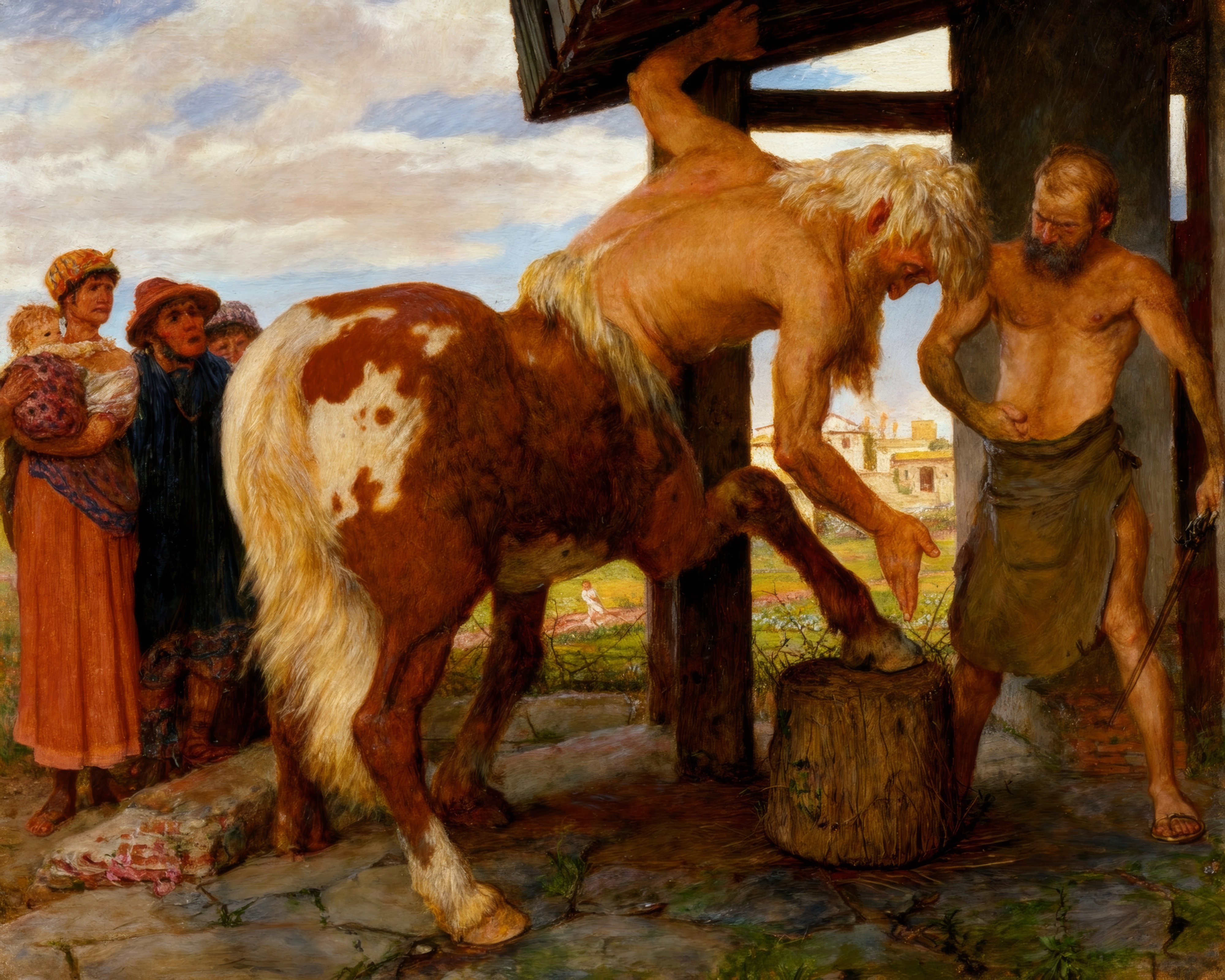 A centaur offers a hoof to the village farrier in a forge.