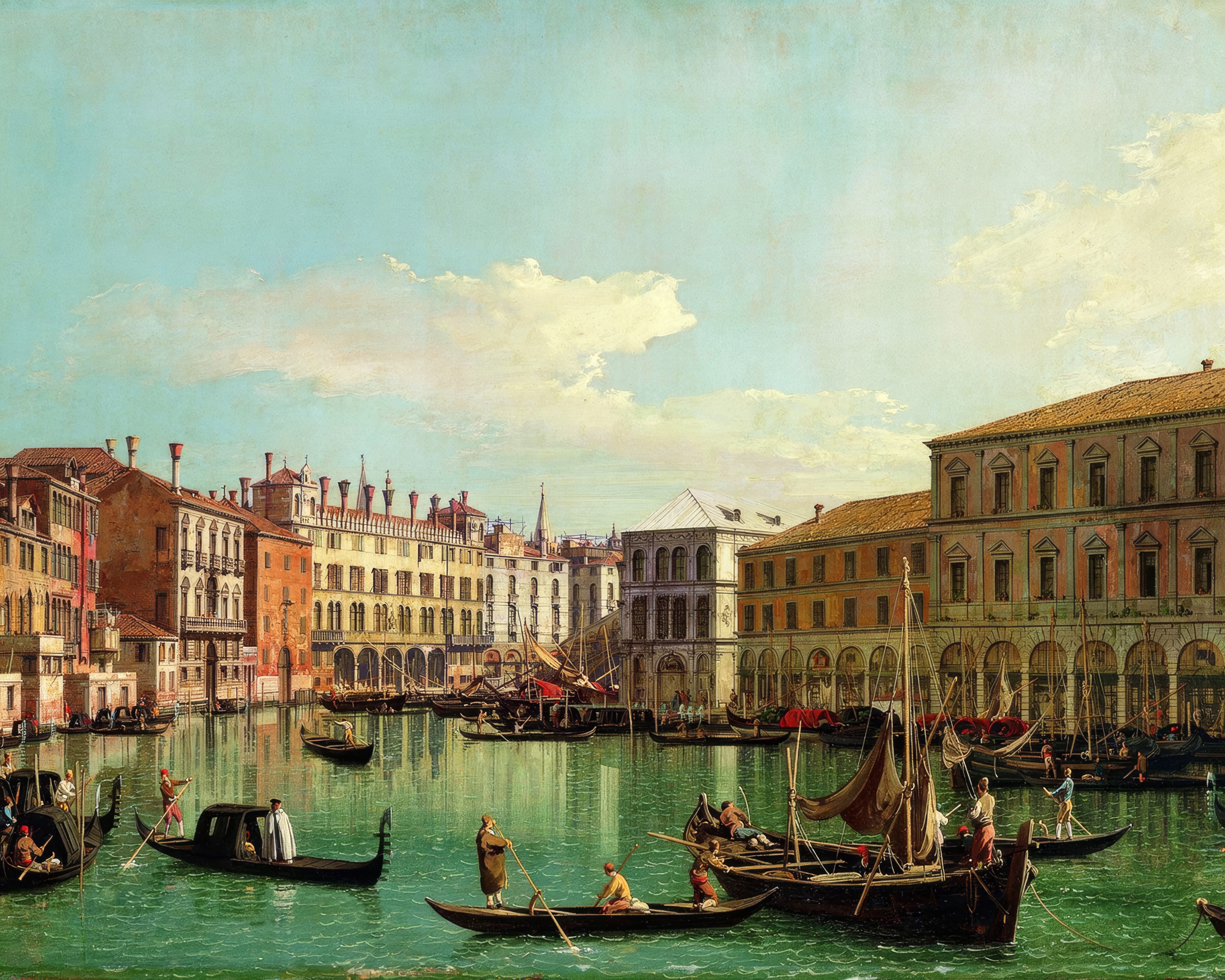 The Grand Canal in Venice with gondolas, palaces and the Rialto Bridge under a blue sky.