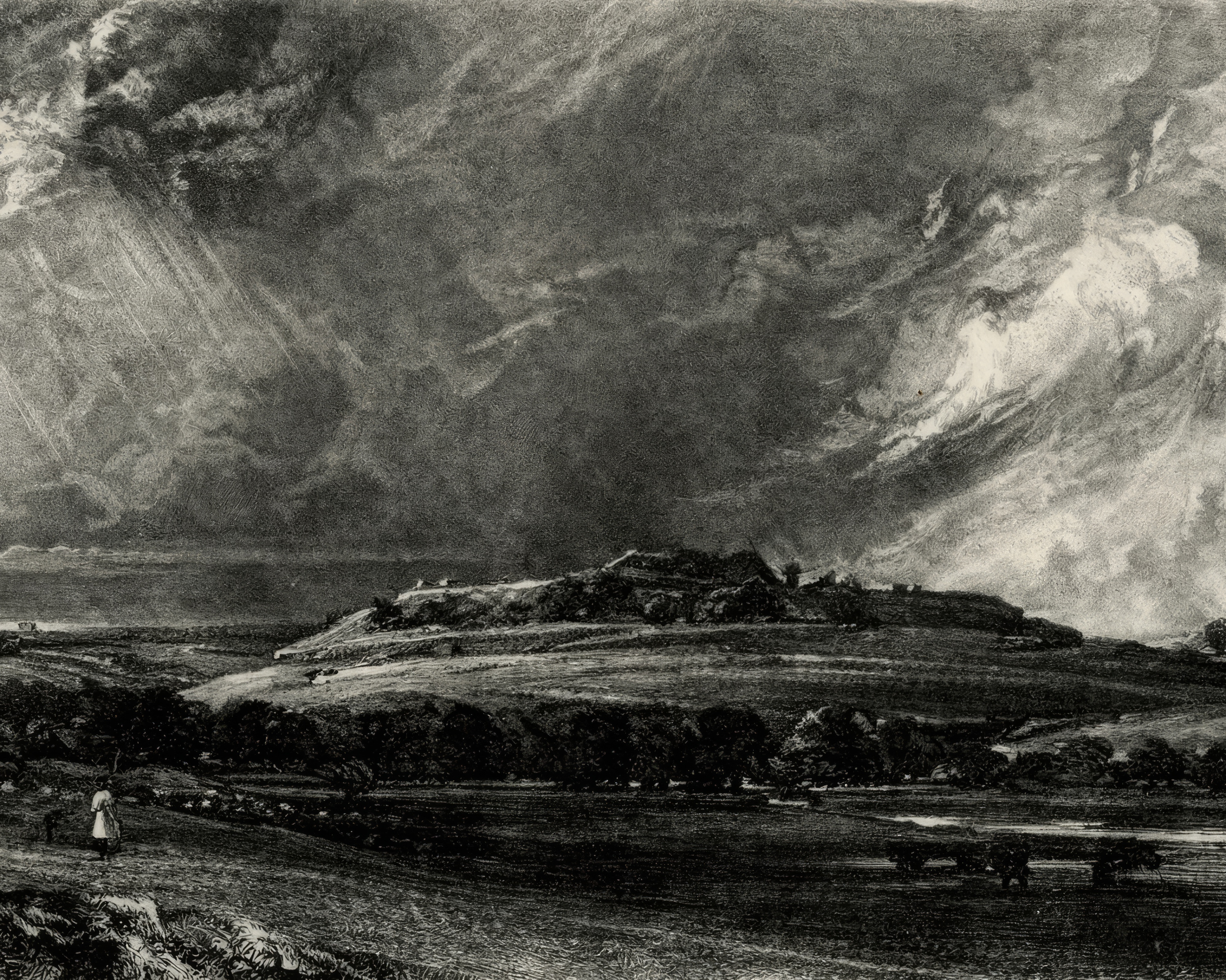 A rainbow and a burst of light break over the ancient mound of Old Sarum while a shepherd watches his flock.