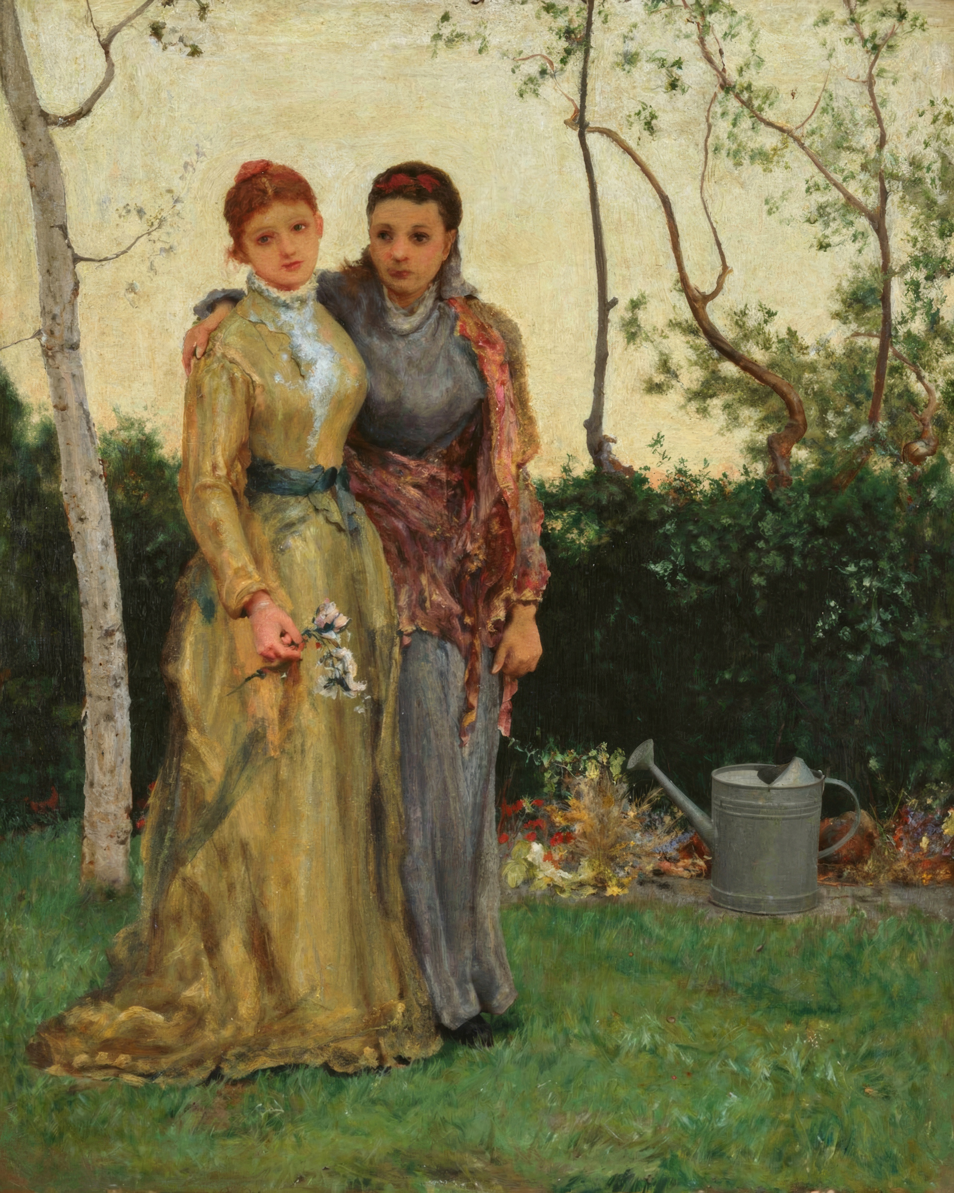 Two figures stand close together under a red umbrella, softly painted in greens and golds.