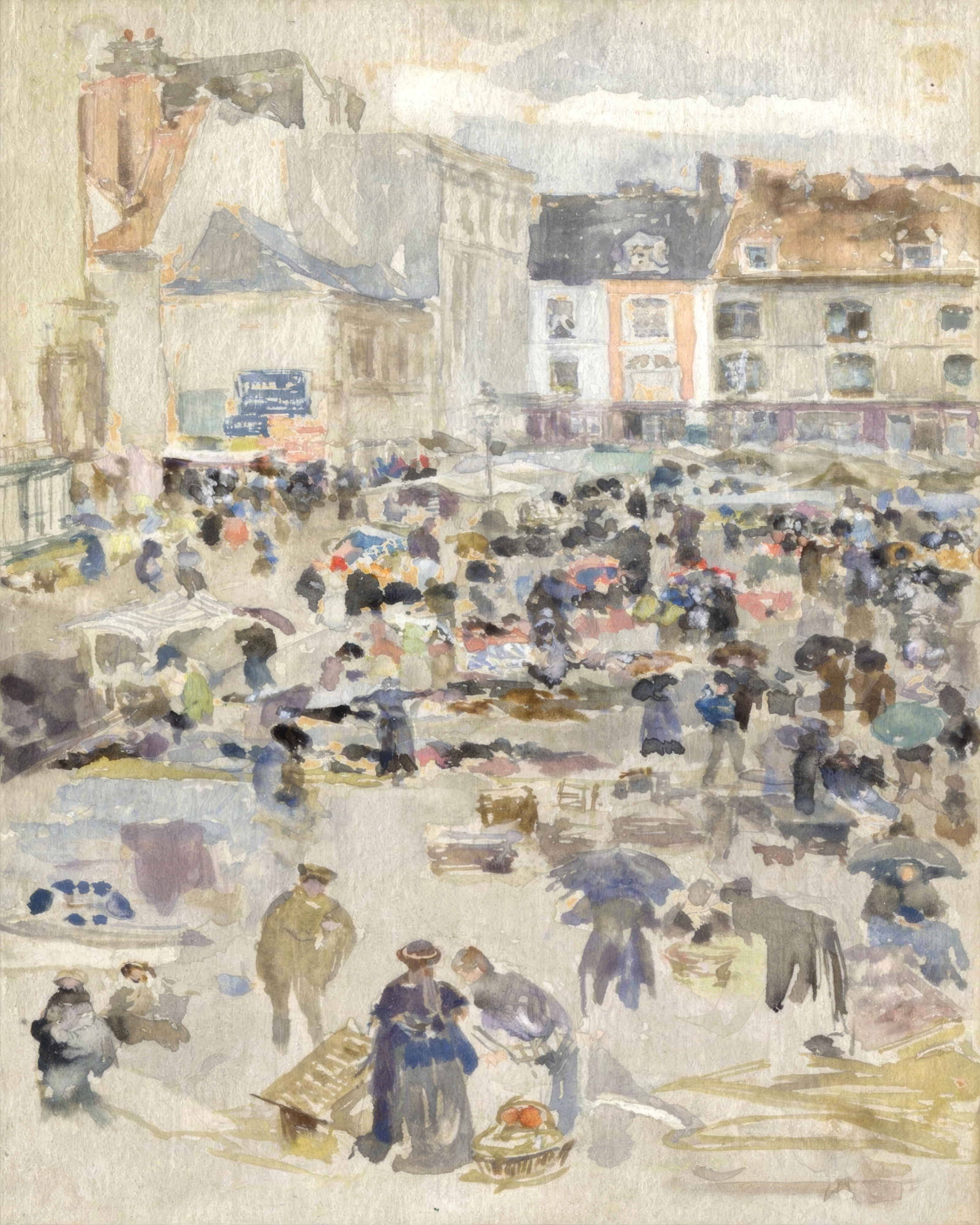 People gather in a market square in Dieppe, painted in soft violet and grey.