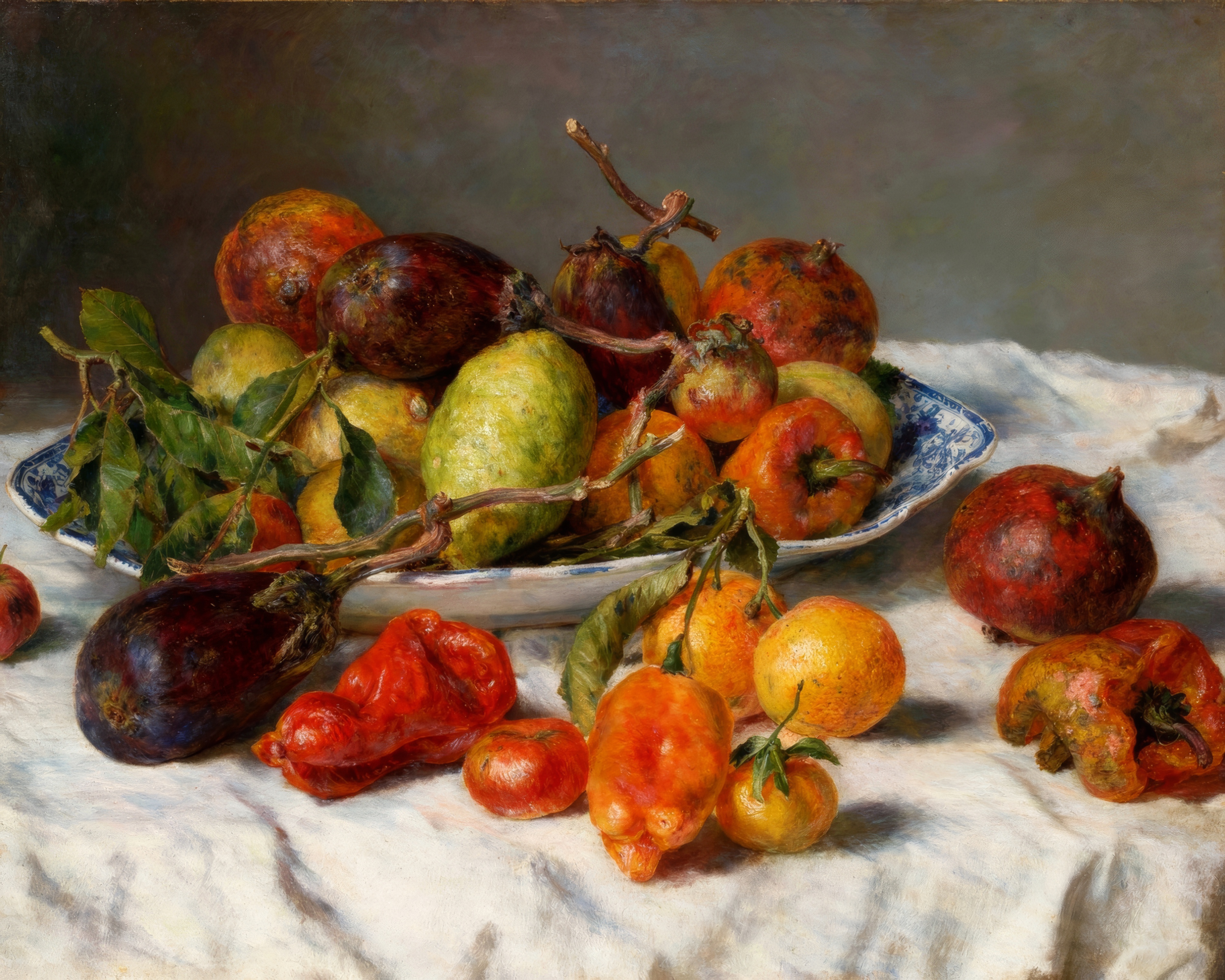 Lemons, oranges, peppers and aubergines tumble across a white cloth.