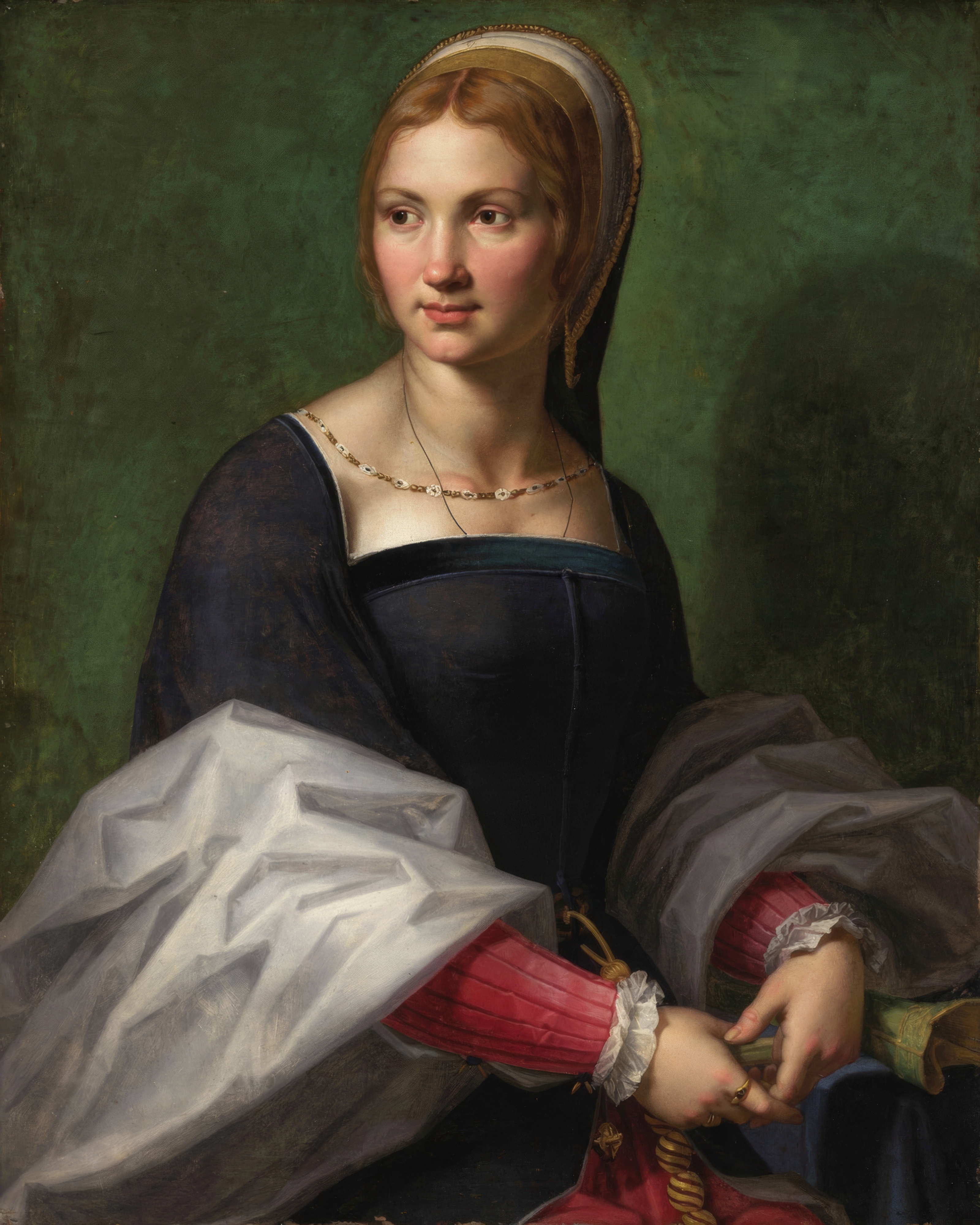 A woman with soft features turns her gaze past the viewer, wearing a dark dress against a green ground.