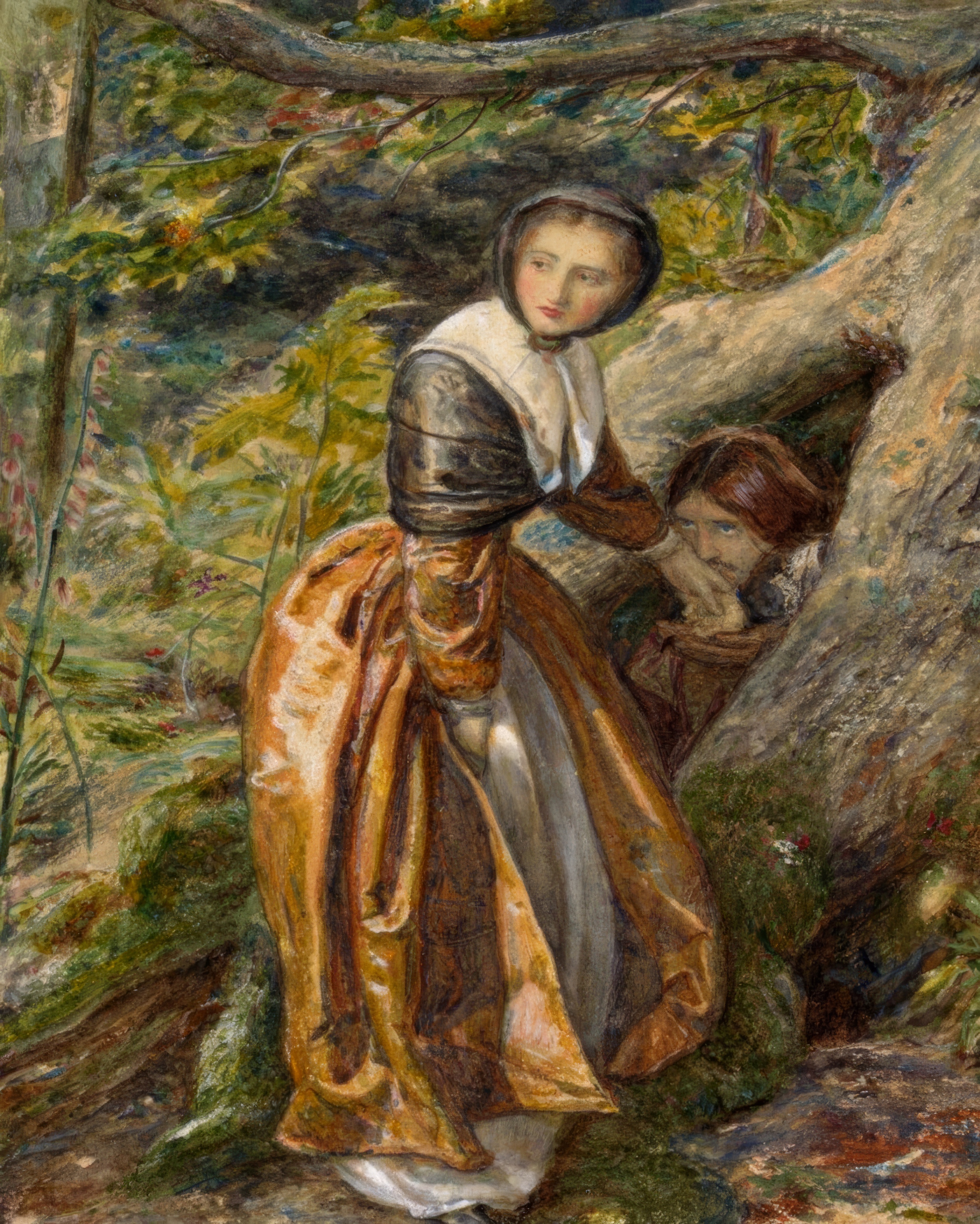 A young woman in grey brings food to a cavalier hiding in the hollow of an old oak tree in a wood.