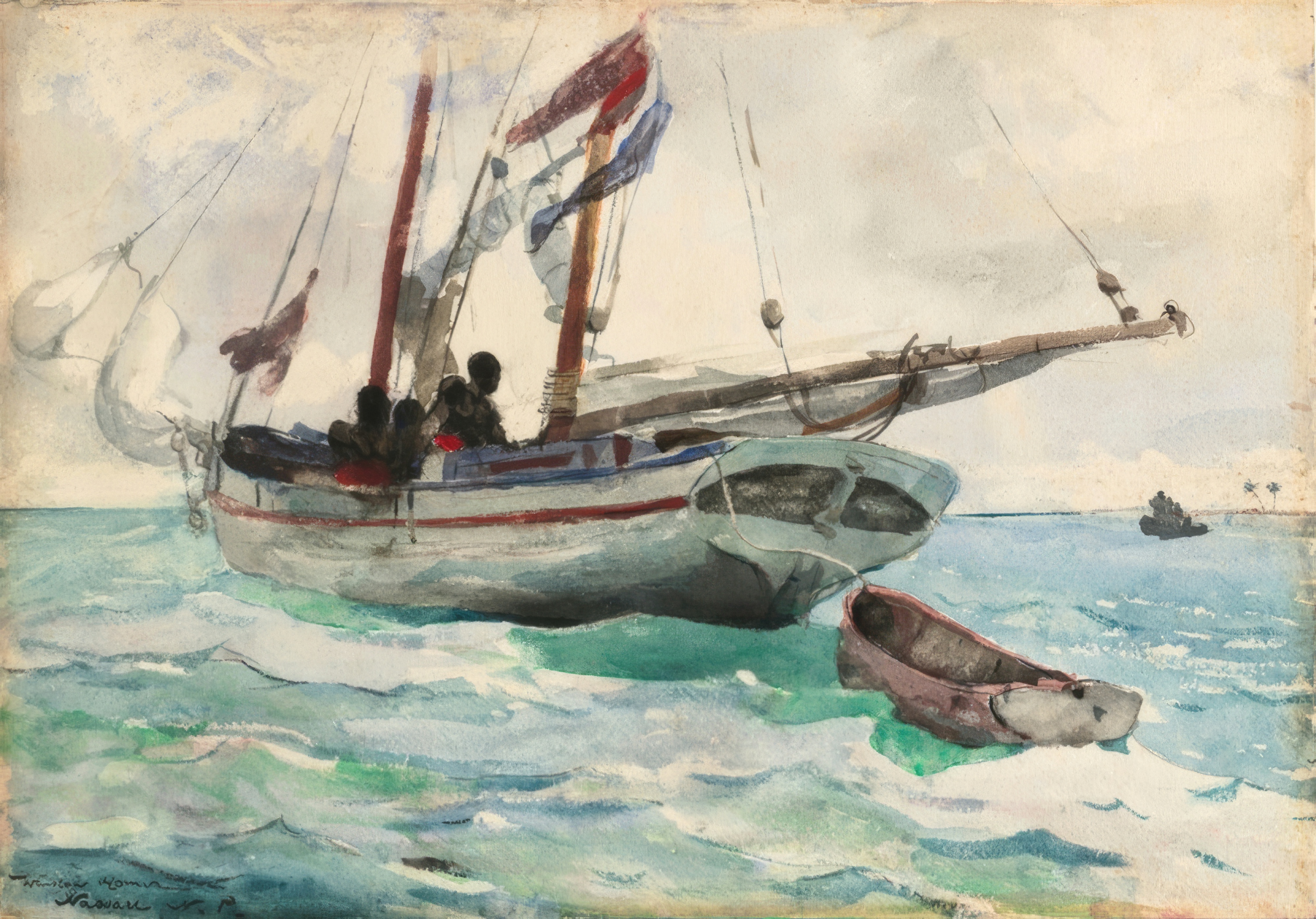 A white two masted schooner on brilliant turquoise water under a bright tropical sky.