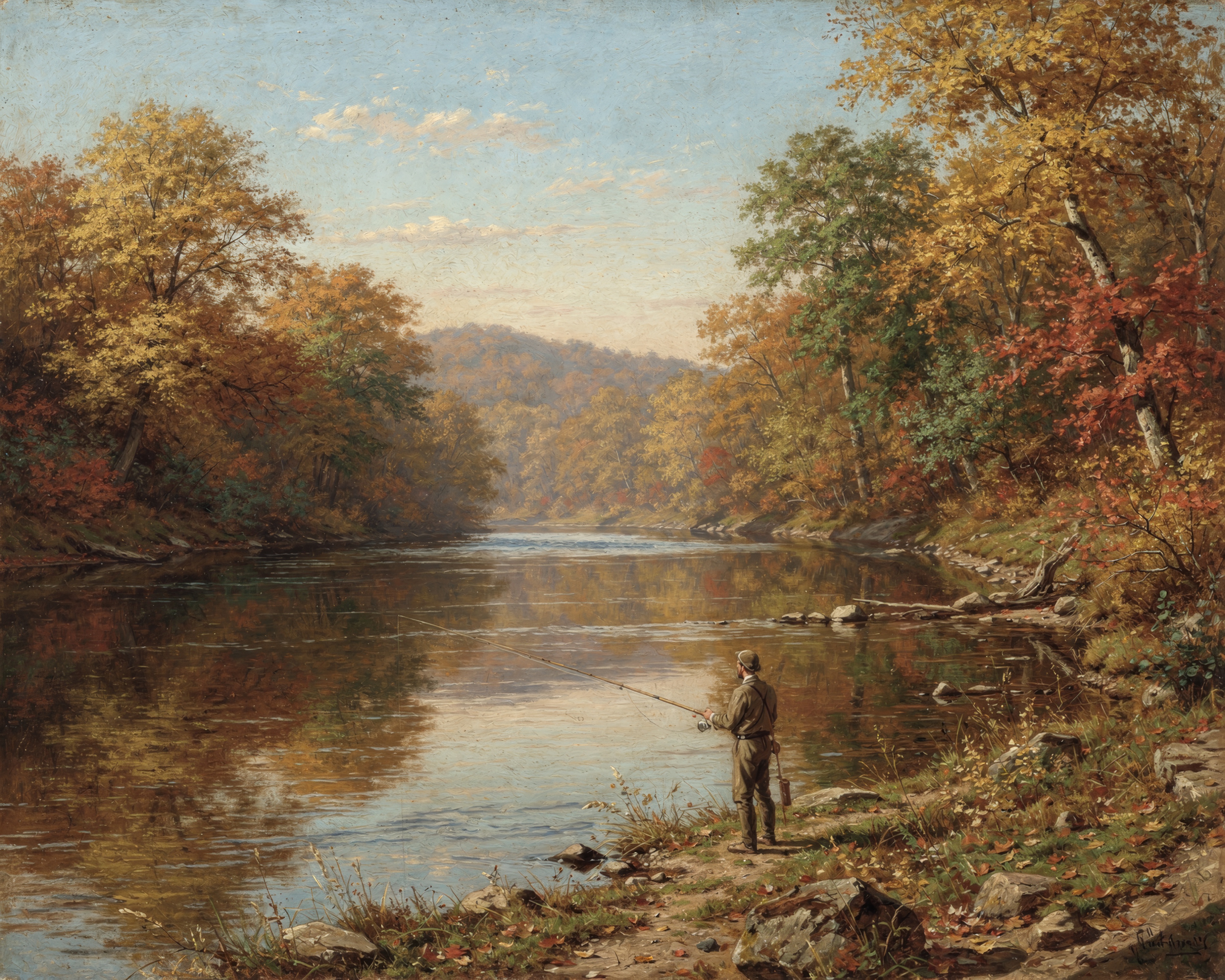 A lone man fishes from a riverbank under autumn trees reflected in still water.