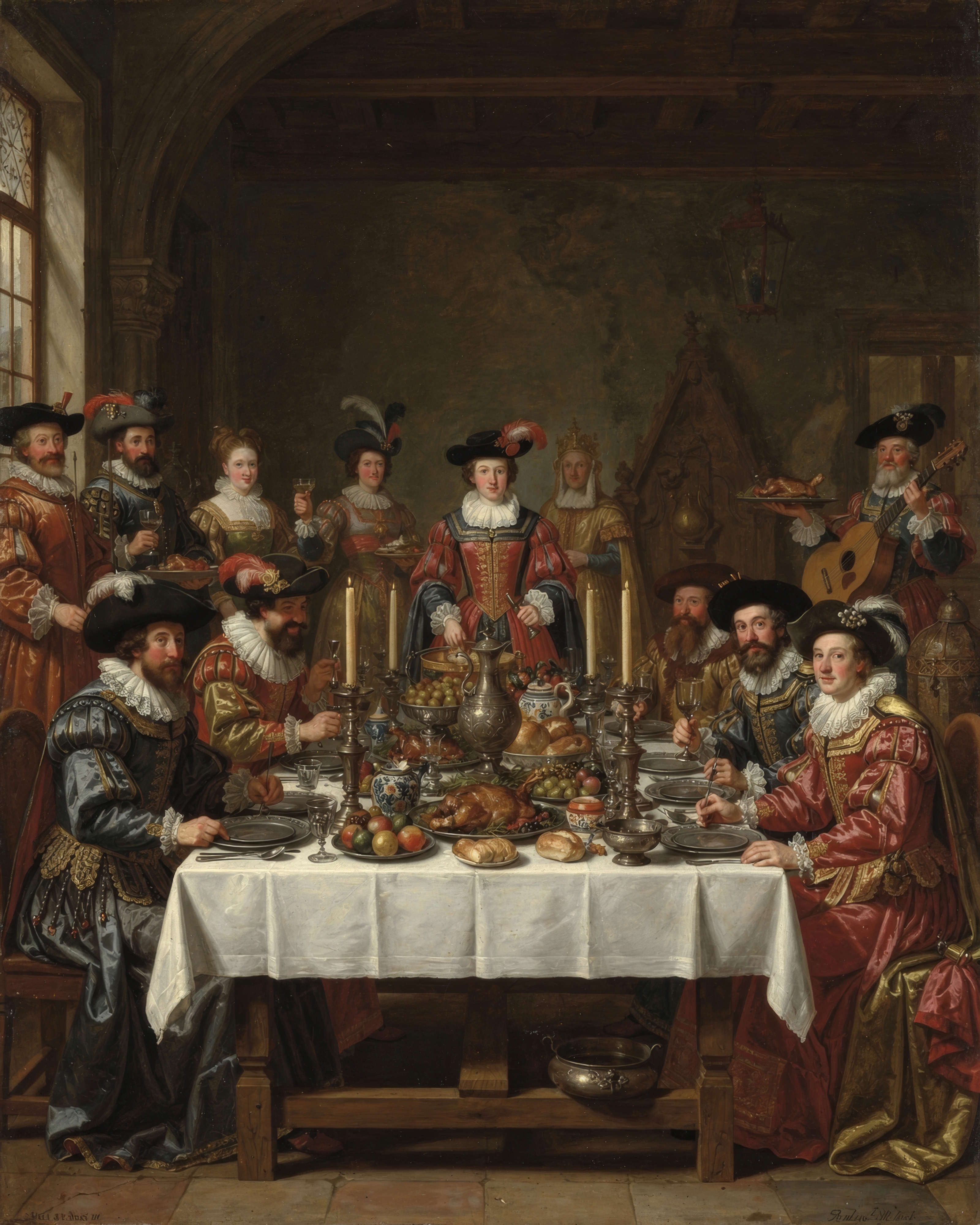 A company of soldiers and friends feast, pour wine and play the lute, with a dog waiting under the table.