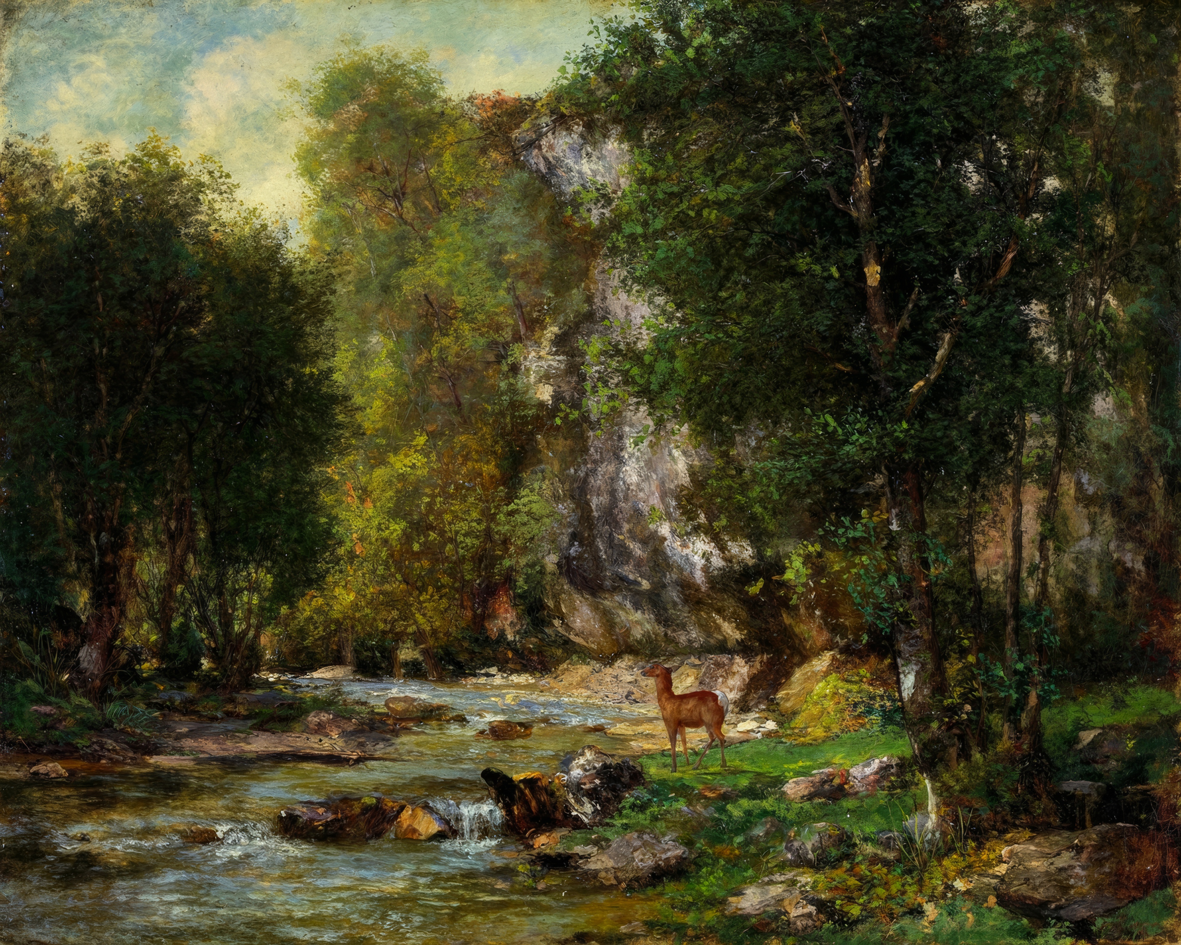 A quiet stream winds through a dense, mossy ravine in deep green shade.