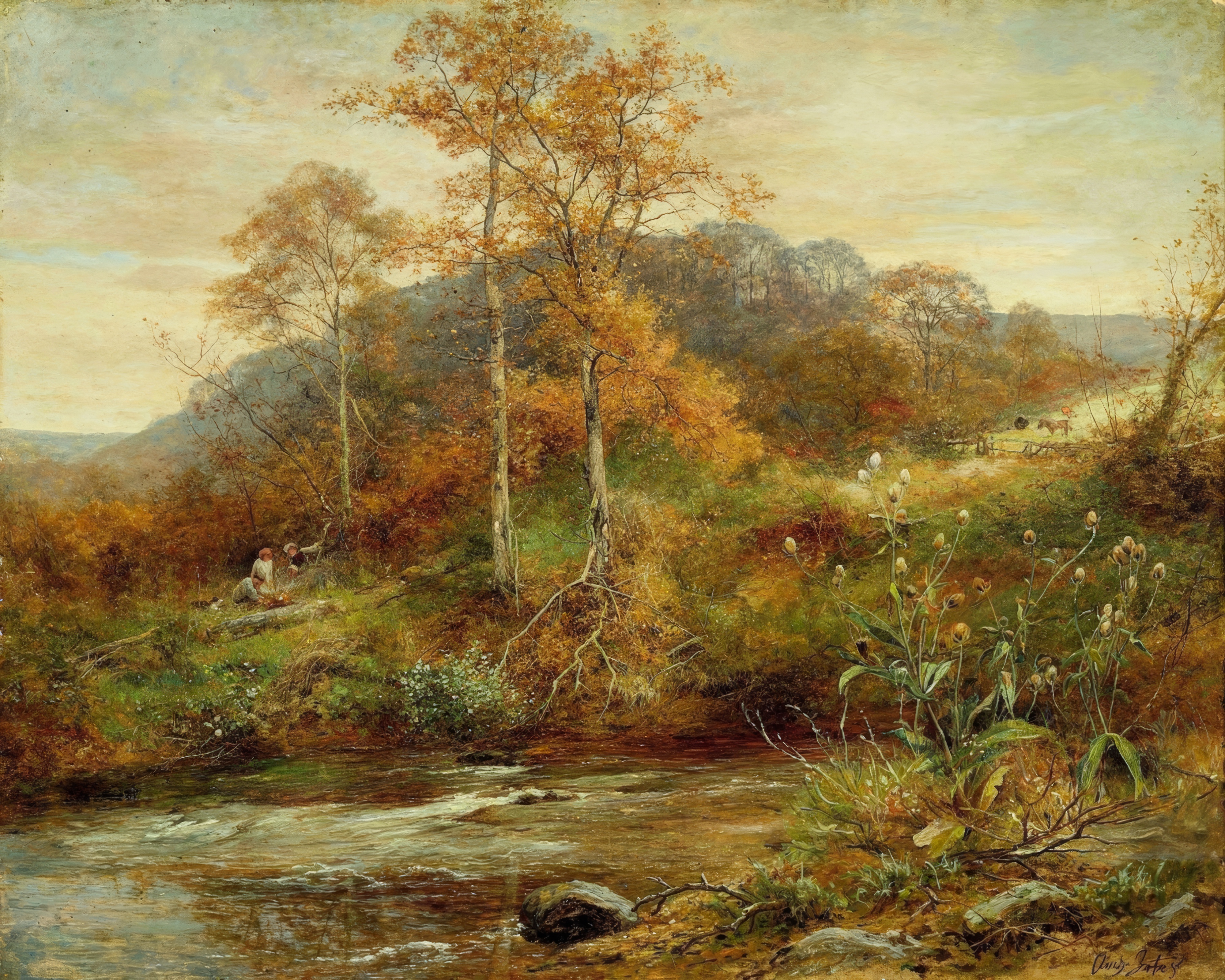 A brook winds through a wood of turning leaves.