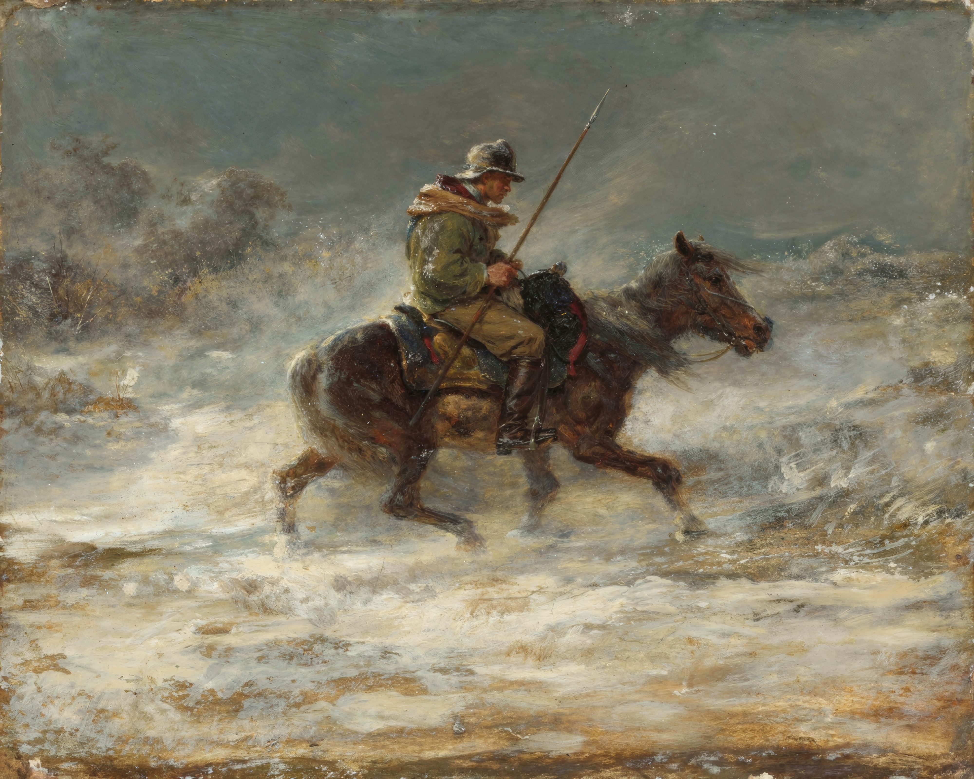 A rider on horseback pushes through a deep, windswept snowdrift, holding a lance.