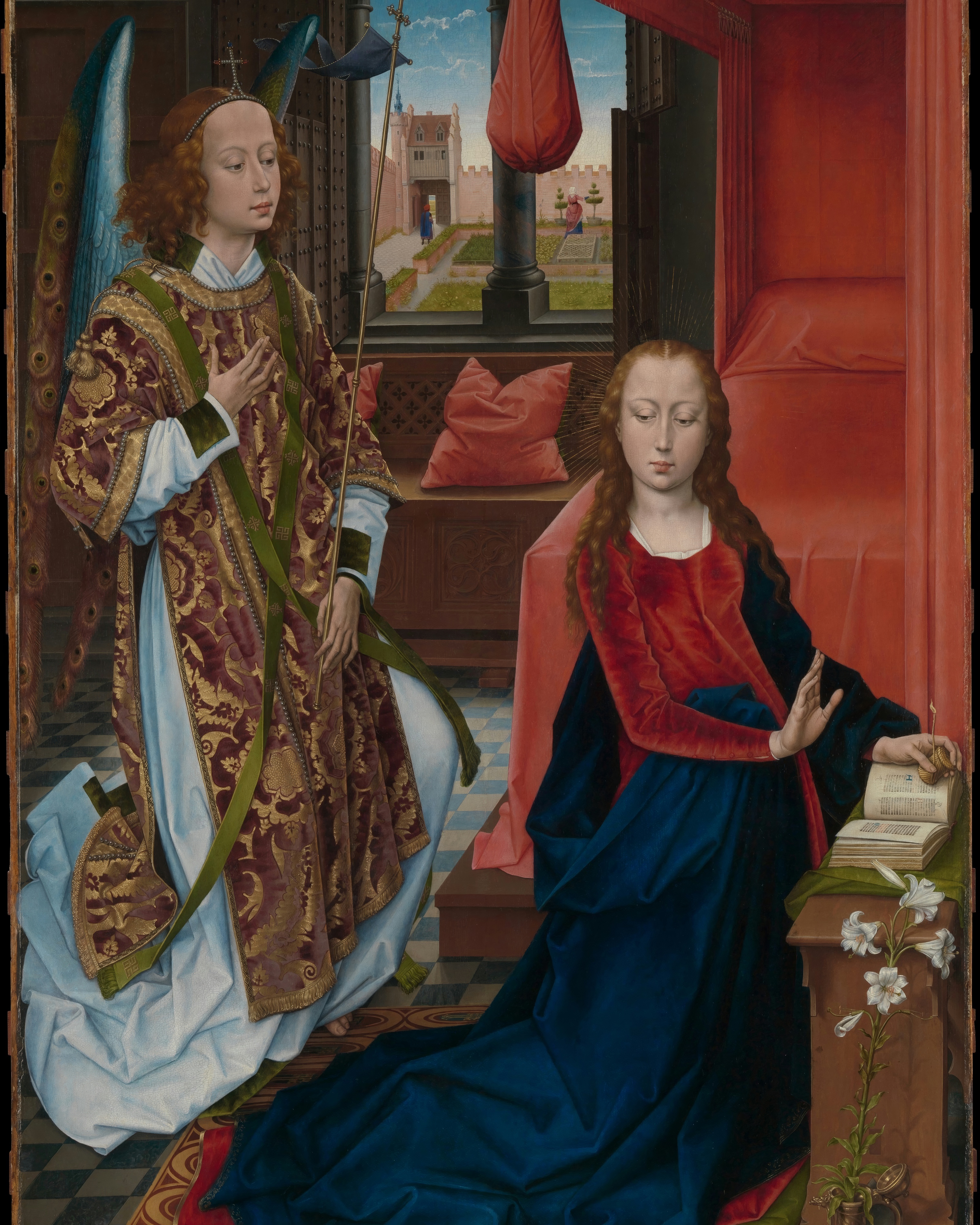 The angel Gabriel kneels before the Virgin Mary in a Gothic room, with a white lily in a vase between them and light from a high window.