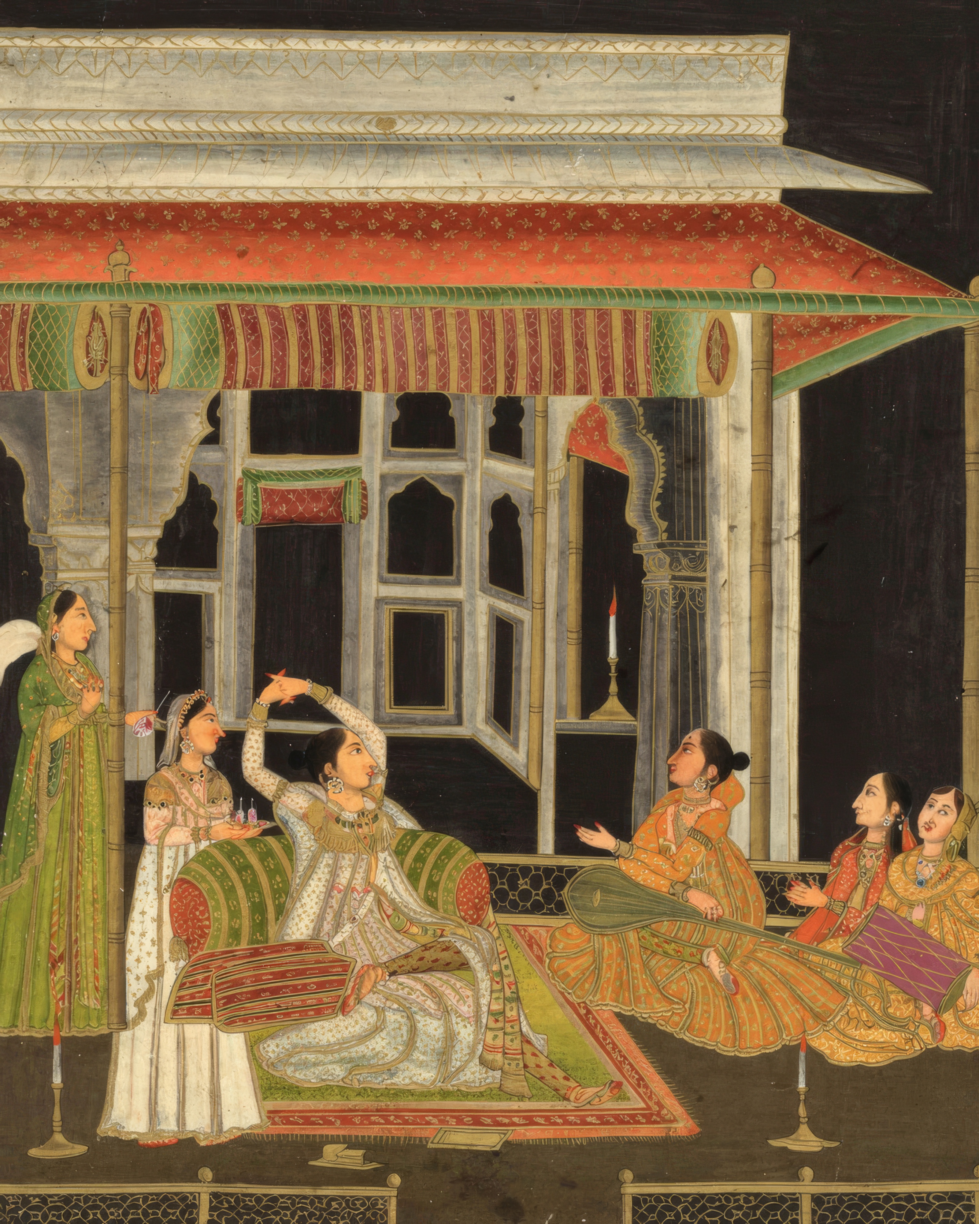 A princess sits on a moonlit terrace with attendants, against a dark night sky.
