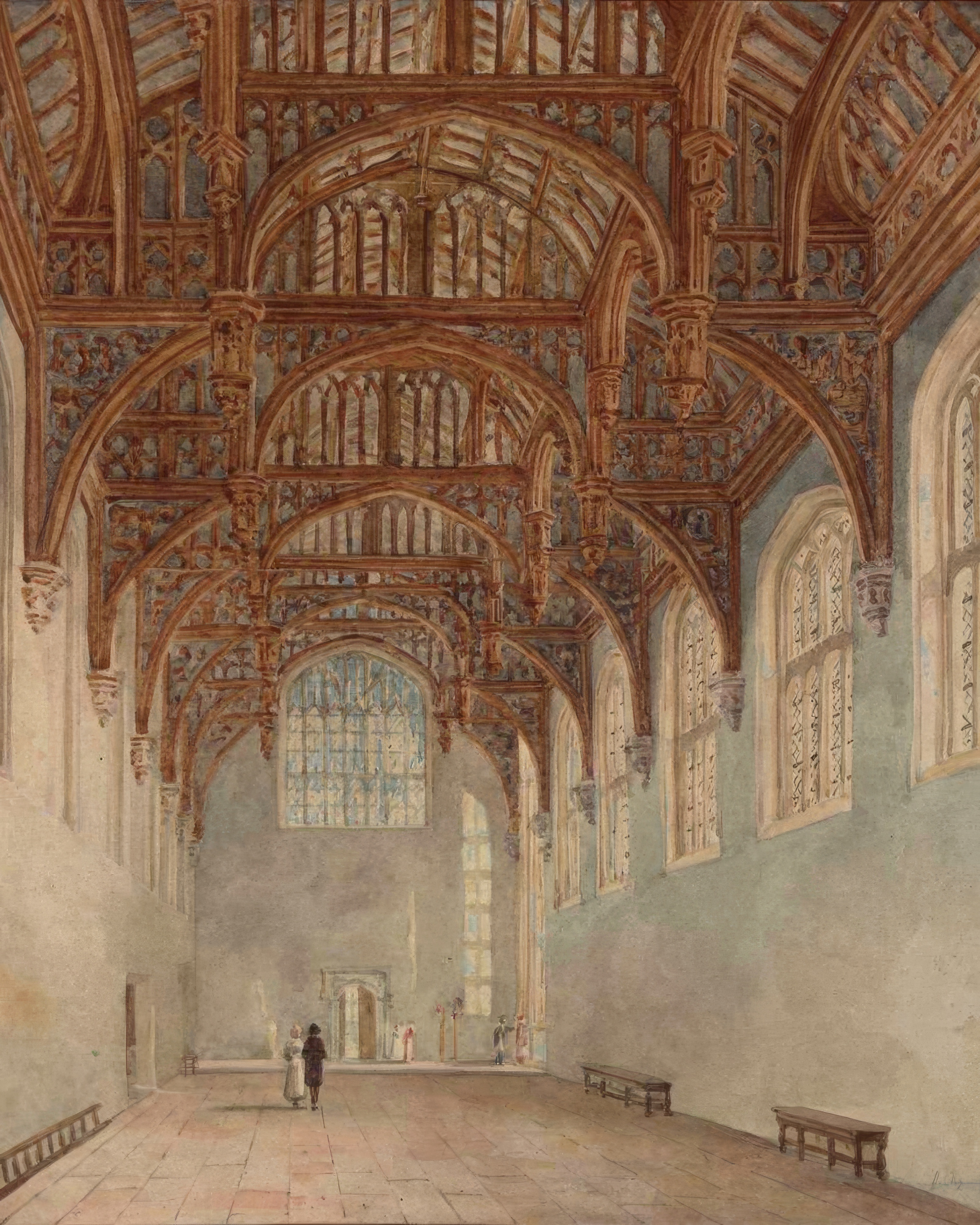 The vast Great Hall at Hampton Court, with its timbered roof, tall windows and small figures below.