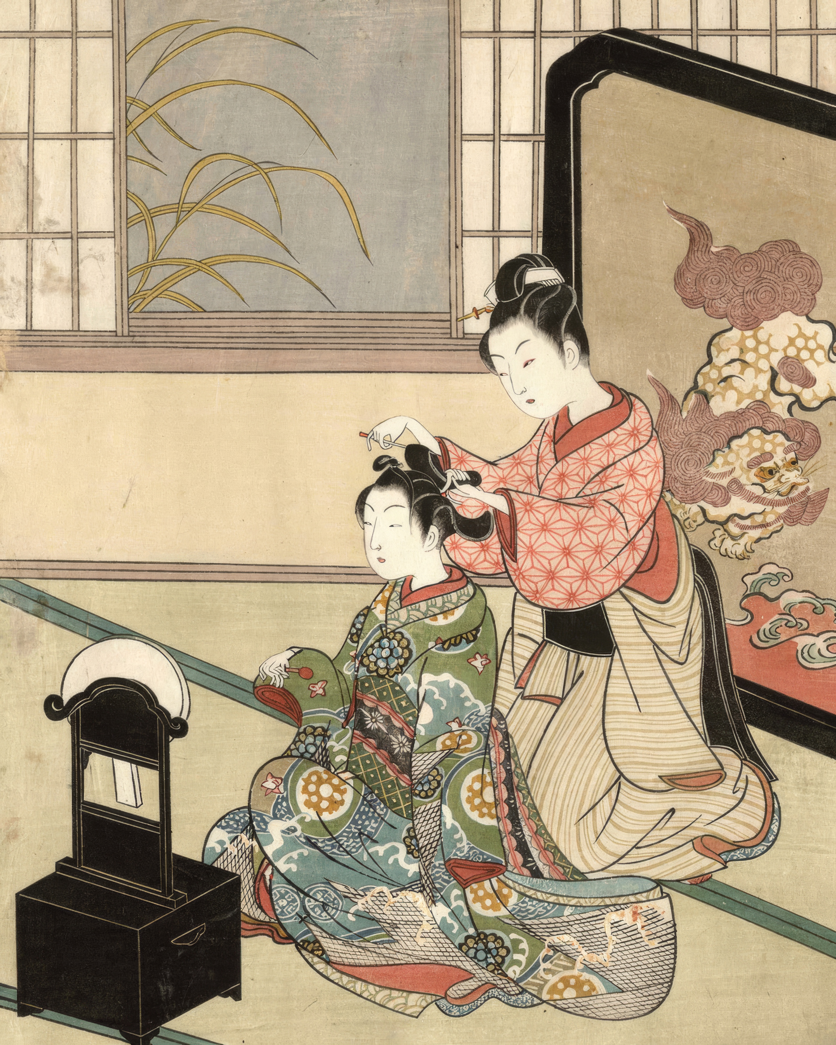 A woman and a child on a veranda look at the reflection of the autumn moon in a basin of water.
