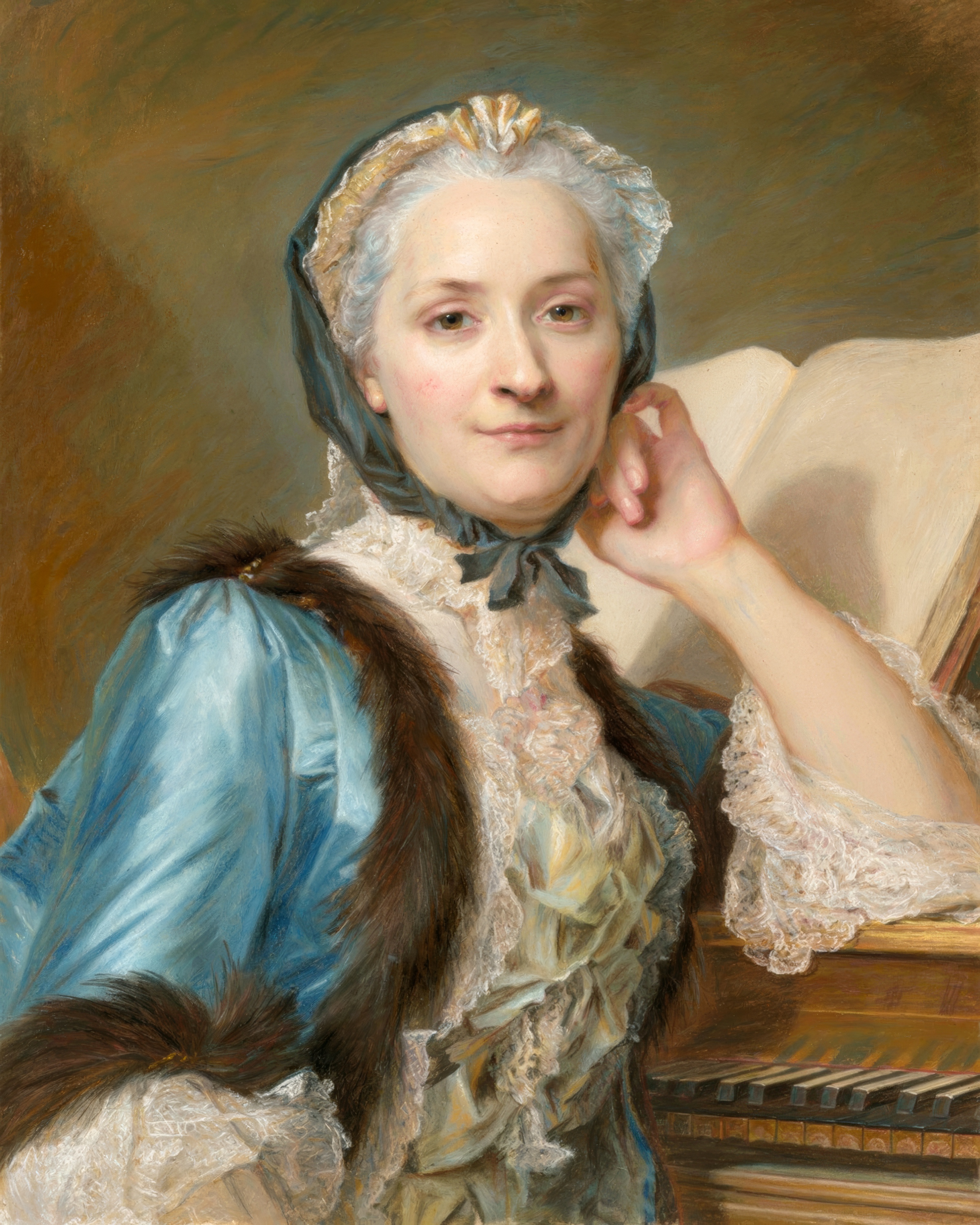 A pastel portrait of a woman at a harpsichord who turns from her music to smile at the viewer.