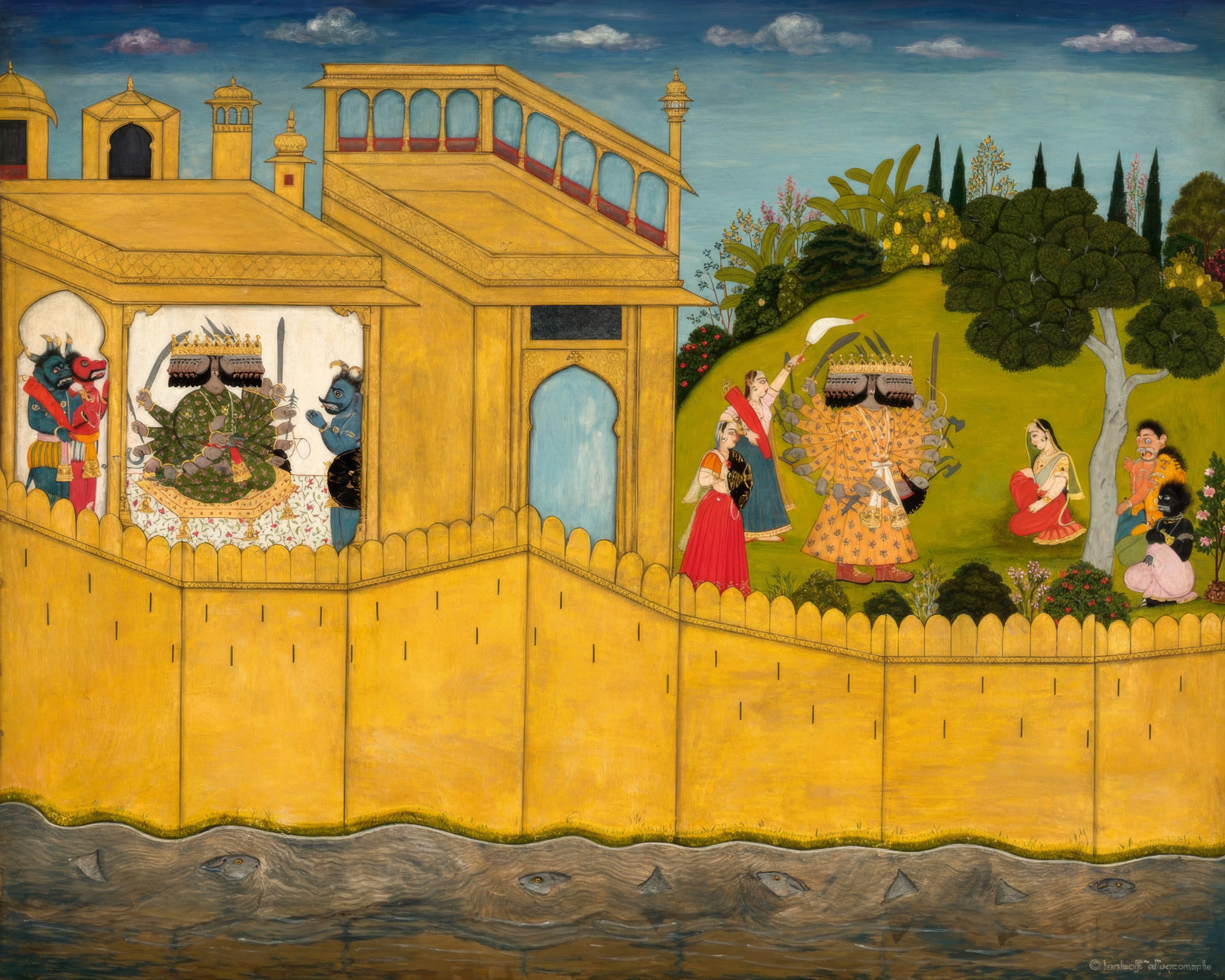 Sita sits in a lush garden on Lanka, with ornate architecture, trees and birds all around.
