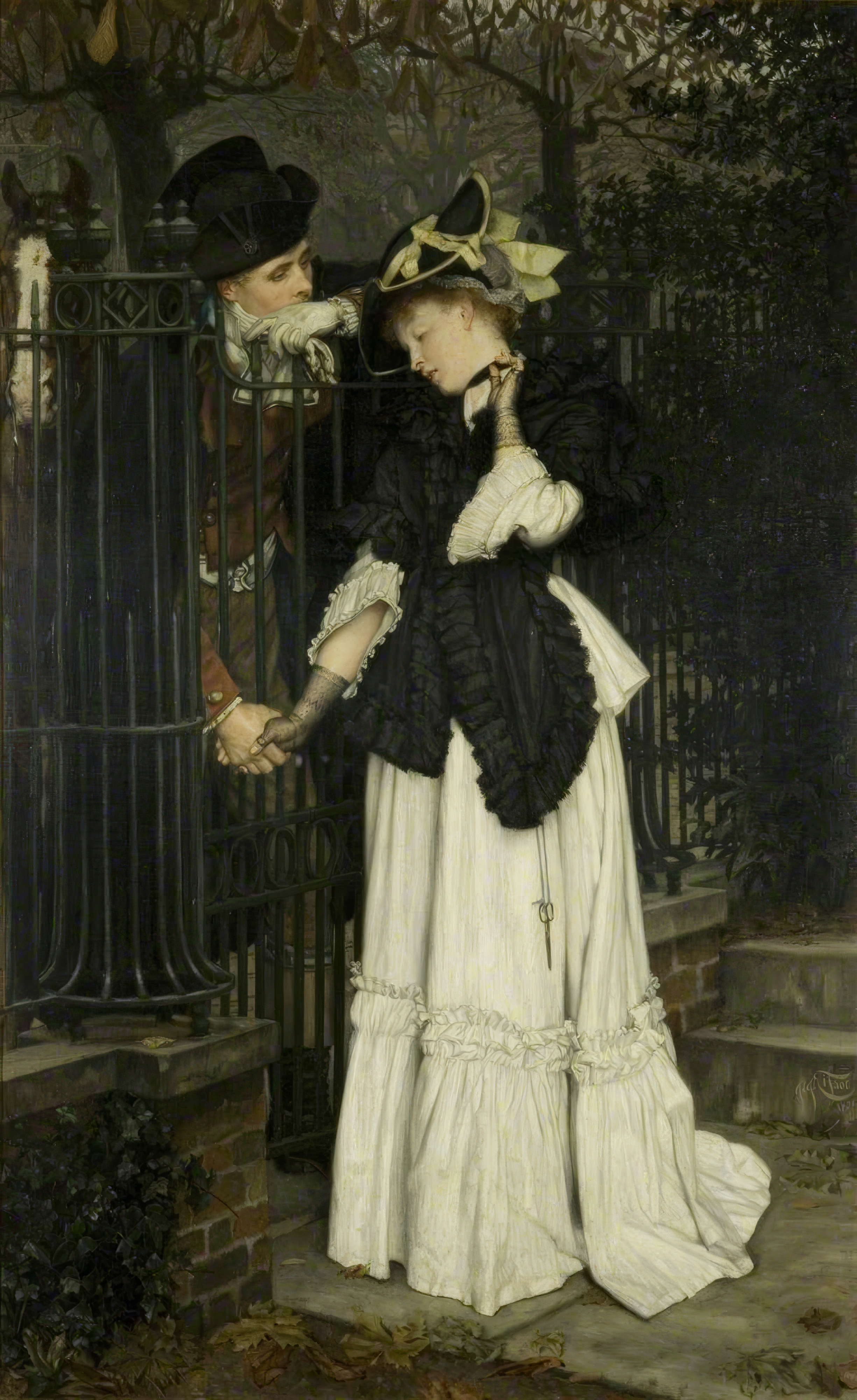 A young woman in a black jacket and long white skirt standing by an iron garden railing with her head bowed, while a young man in a top hat leans over the railing to say goodbye; painted by James Tissot.