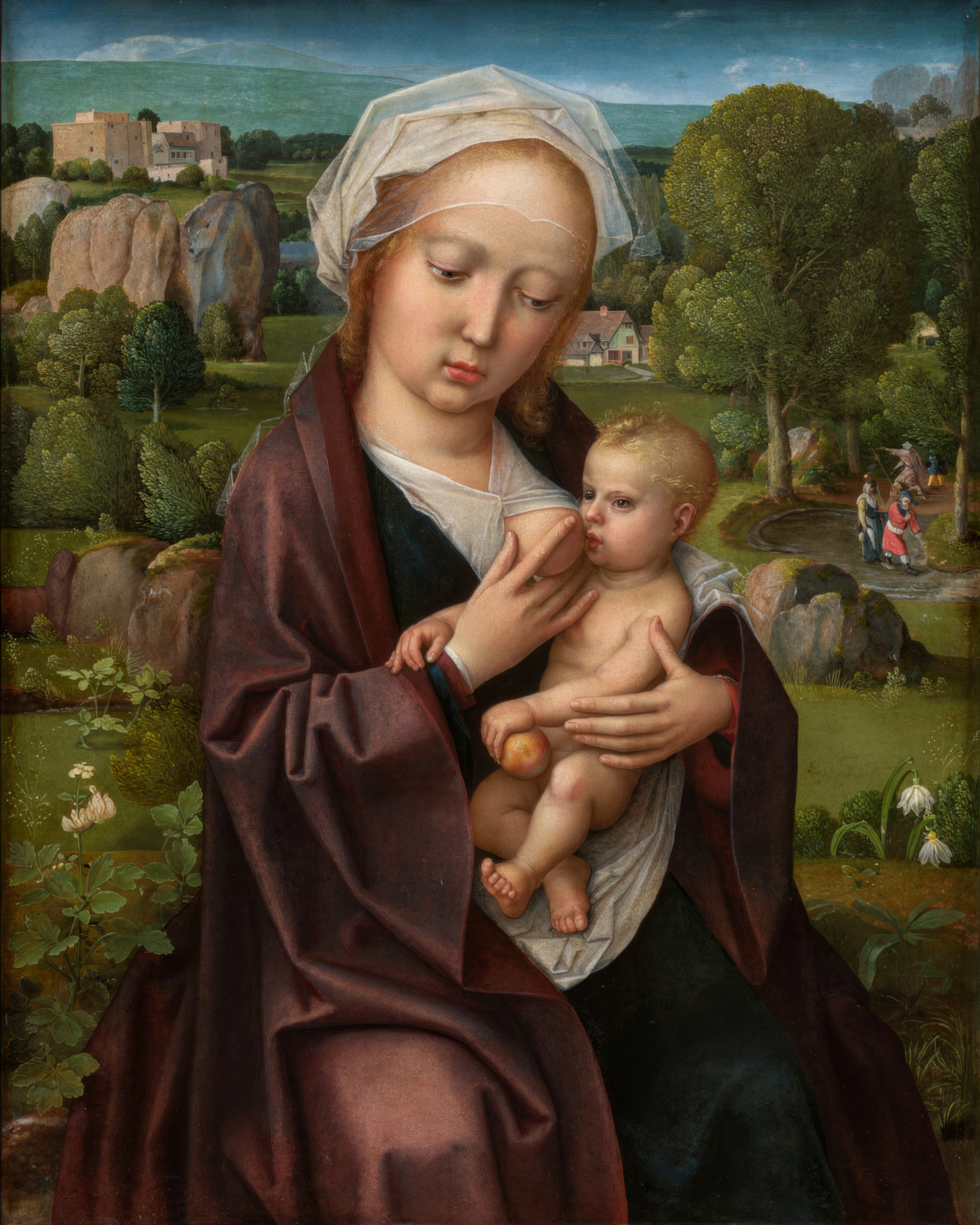 The Virgin holds the Christ child before a window onto a green landscape.