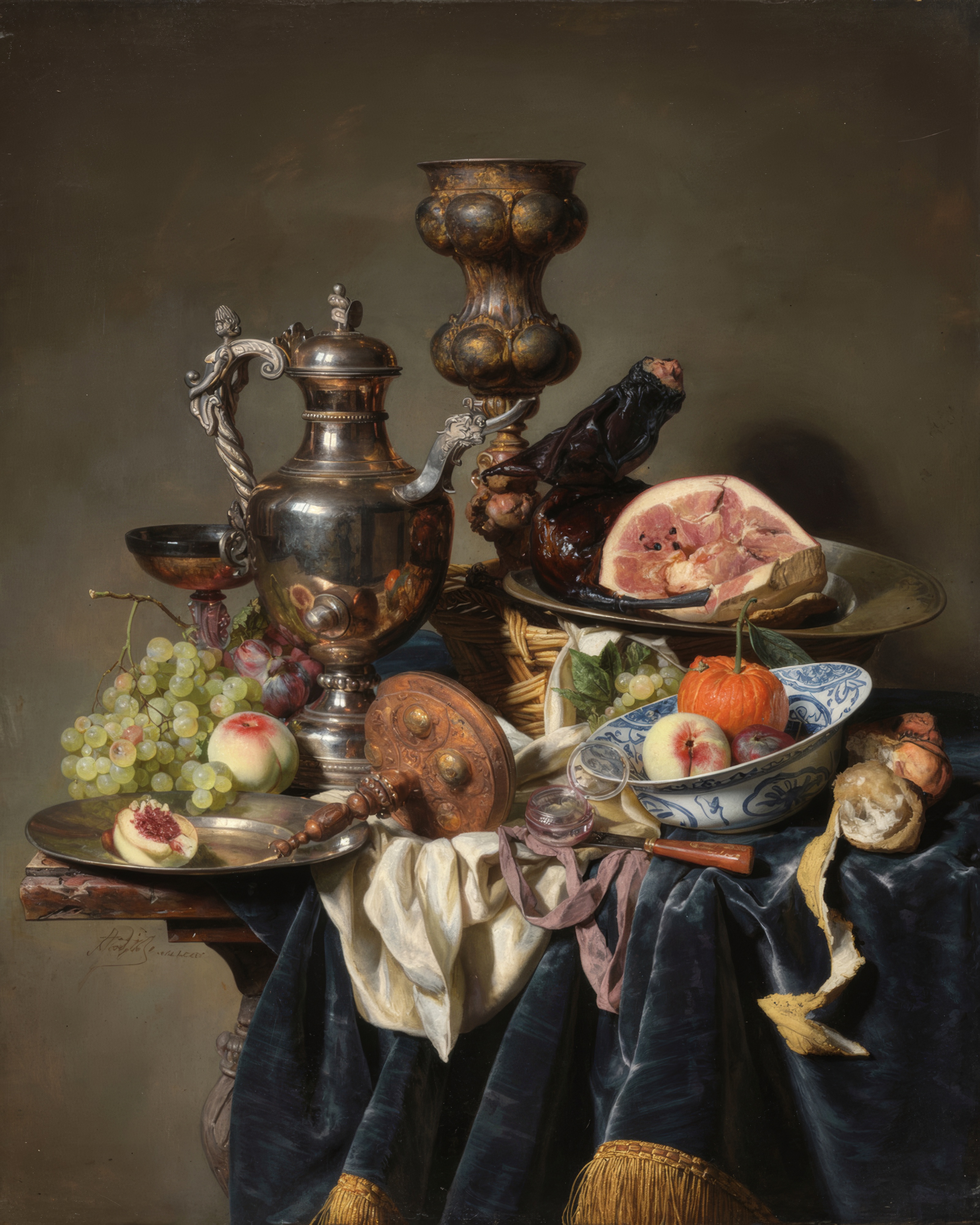 A silver wine jug, a carved ham, a tipped glass and fruit spilling from a basket.